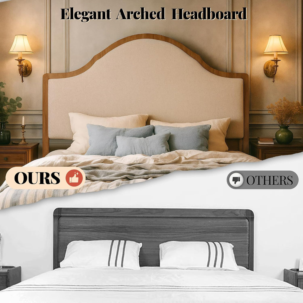 Jocisland Wood Queen Size Bed Frame with Tall Upholstered Curved Headboard, Solid Wood Platform, No Box Spring Needed, Wood Slat Support, Walnut