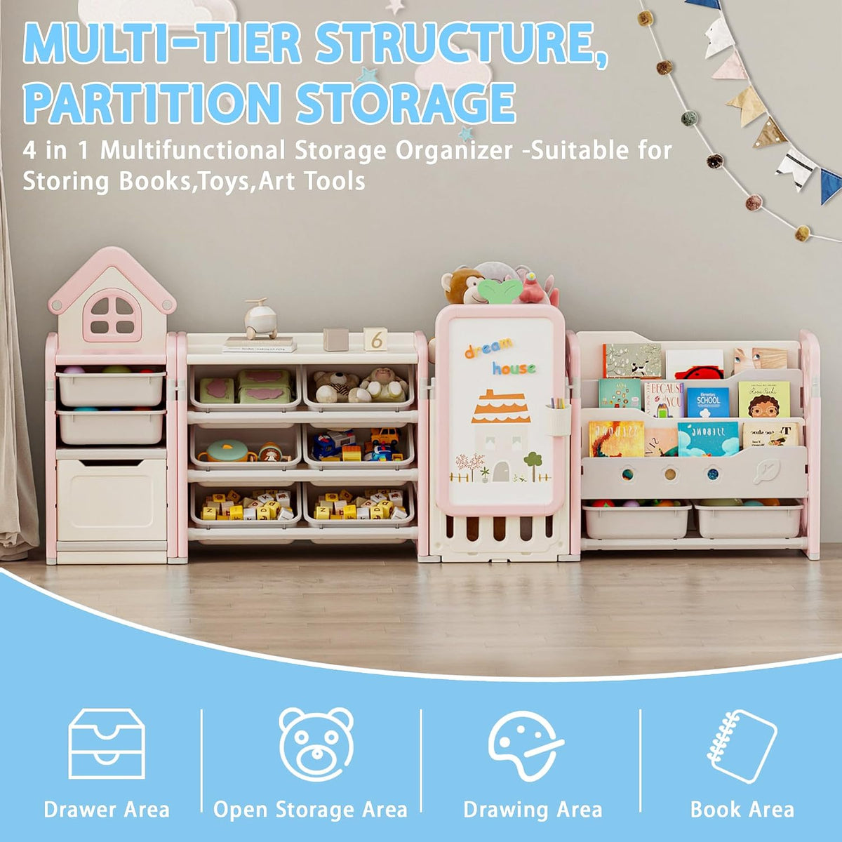 DEYGIA Foldable Kids Toy Storage Organizer with 10 Removable Bins and 3-Tier Bookshelf, 4 in 1 Multifunctional Large Toy Organizer with Drawing Board for Kid Bedroom Playroom Living Room, Light Pink