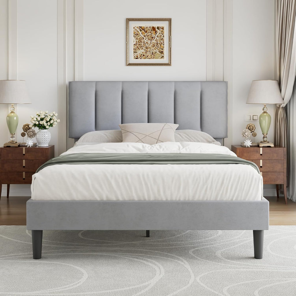 VECELO Full Bed Frame with Upholstered Headboard, Heavy-Duty Platform Bedframe with Strong Wooden Slats Support, No Boxing Spring Needed, Light Grey