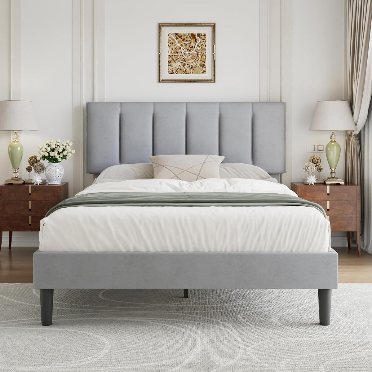 VECELO Full Bed Frame with Upholstered Headboard, Heavy-Duty Platform Bedframe with Strong Wooden Slats Support, No Boxing Spring Needed, Light Grey