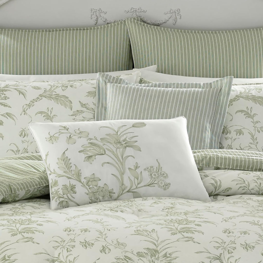 Laura Ashley - Queen Size Bonus Comforter Set, Reversible Cotton Bedding, Includes Matching Shams with Bonus Euro Shams & Throw Pillows (Natalie Green)
