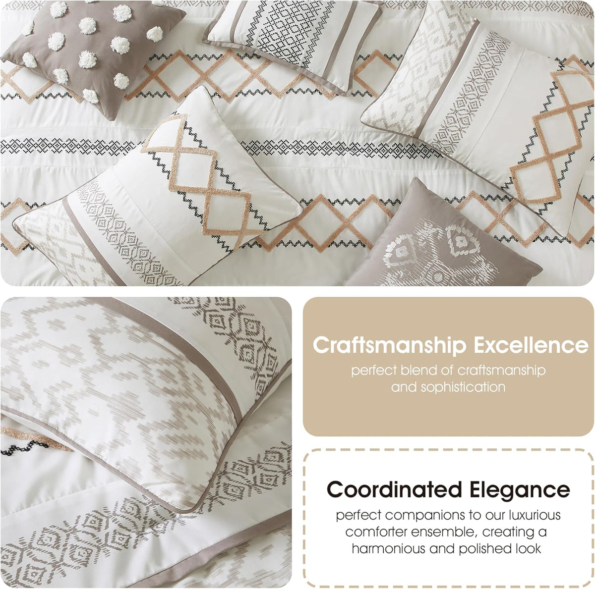 Grand Avenue Taupe Comforter Set Queen Size, 15 Piece Terry Embroidery All Season Room-in-A-Bag, Matching Curtains, Sheet Set, Pillows & Shams