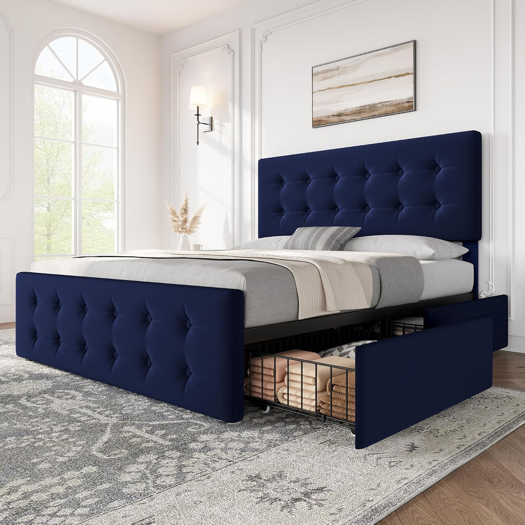 GarveeHome Full Size Bed Frame with 4 Storage Drawers and Velvet Upholstered Headboard, Wooden Slats Support, Button Tufted Design, No Box Spring Needed, Blue
