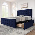 GarveeHome Full Size Bed Frame with 4 Storage Drawers and Velvet Upholstered Headboard, Wooden Slats Support, Button Tufted Design, No Box Spring Needed, Blue