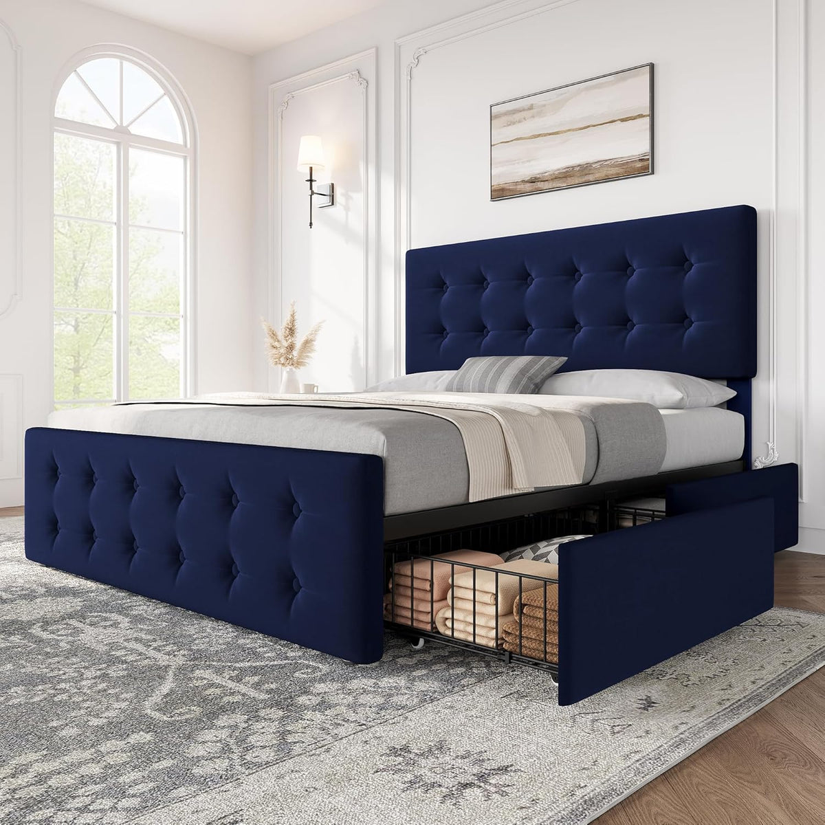GarveeHome Full Size Bed Frame with 4 Storage Drawers and Velvet Upholstered Headboard, Wooden Slats Support, Button Tufted Design, No Box Spring Needed, Blue