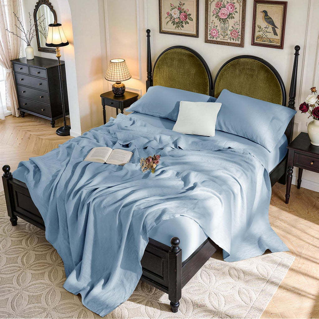 SONORO KATE 100% French Pure Linen Sheets, Breathable and Durable Linen King Size Sheets, Anti-Tear Linen Bed Sheets, Machine Washable, 16 Inch Deep Pocket - 4 Piece (Dusty Blue, King)