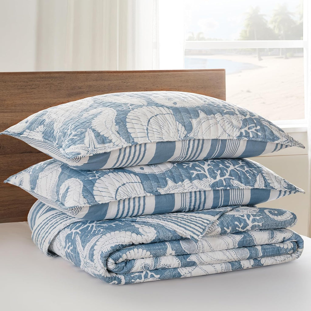 Levtex Home - Stillwater Denim Quilt Set - King Quilt and Two King Shams - Coastal - Denim Blue and White - Quilt (106x92in.) and Shams (20x36in.) - Reversible - Cotton