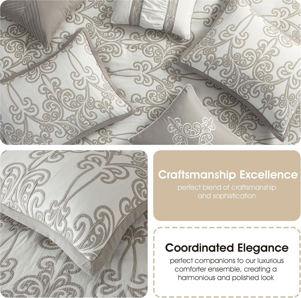 Stratford Park Smoke Grey Comforter Set King Size, 9 Piece Jacquard Floral Bedding Set, All Season, Ultra-Soft, Matching Pillows & Shams, Bed Skirt