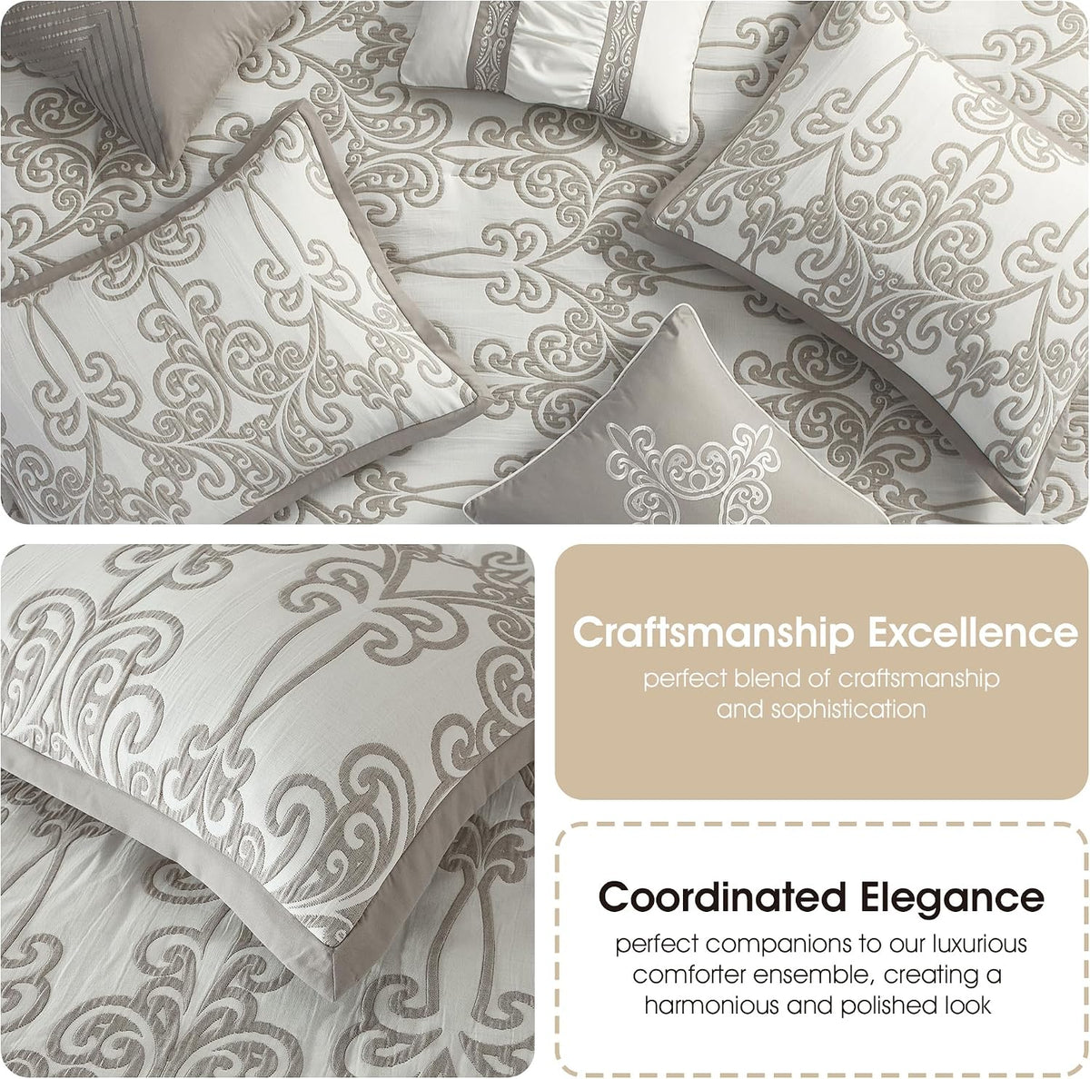Stratford Park Smoke Grey Comforter Set King Size, 9 Piece Jacquard Floral Bedding Set, All Season, Ultra-Soft, Matching Pillows & Shams, Bed Skirt