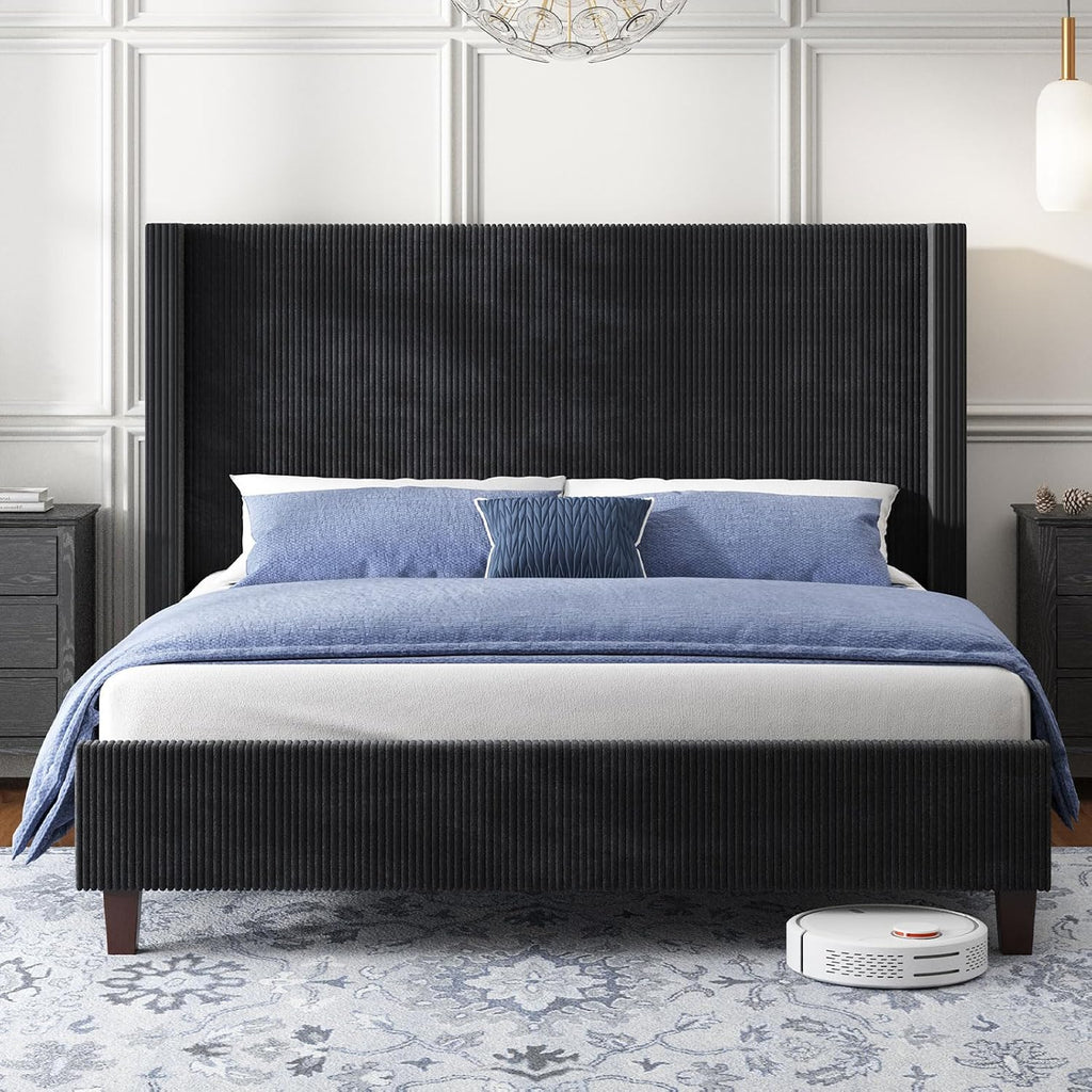 HOWE California King Bed Frame with 50.8' Tall Wingback Headboard, Modern Corduroy Upholstered Platform Bed Frame with Solid Wood Slats & Legs, No Box Spring Needed, Noise-Reducing Design, Black