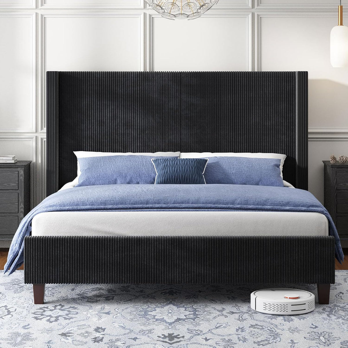 HOWE California King Bed Frame with 50.8' Tall Wingback Headboard, Modern Corduroy Upholstered Platform Bed Frame with Solid Wood Slats & Legs, No Box Spring Needed, Noise-Reducing Design, Black