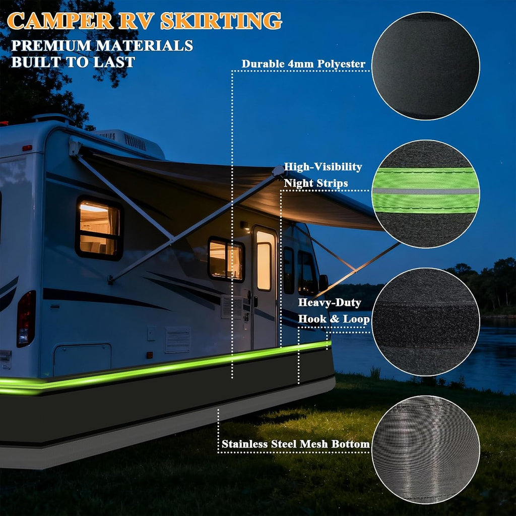 Easy Installation Rv Skirting for Winter, 5th Wheel Camper Skirting, Heavy Duty Polyester Fiber & Stainless Steel Mesh, Rv Cover for Travel Trailer Mobile Convenient Storage L: 36ft