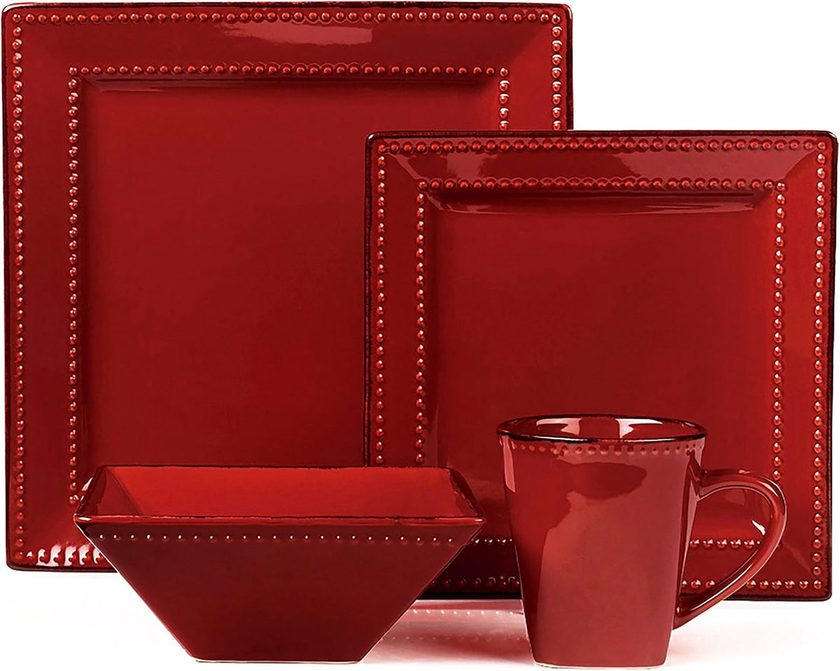 Stylish and Elegant 16 Piece Square Beaded Stoneware Dinnerware set Service for Hosting Parties and Events - Red, 16 Piece, Square Beaded