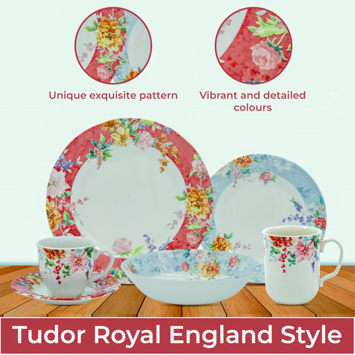 Tudor Royal Collection 30-Piece Porcelain Round Dinnerware Set, Service for 6, Crimson Design, Summer Flowers, Plates Bowls Mugs Dishes, Glossy, Premium Quality Tableware
