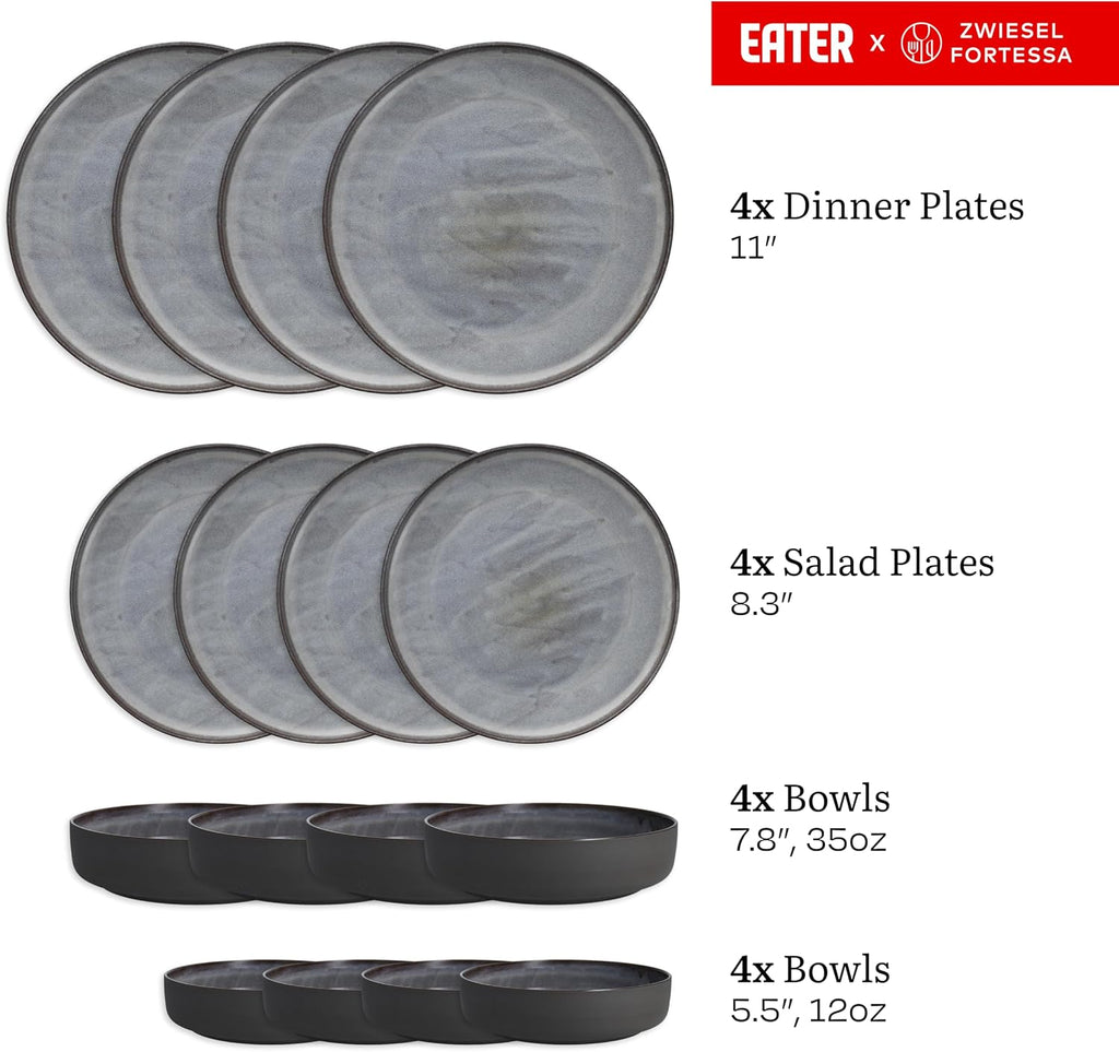 Eater x Zwiesel Fortessa Celestre Stoneware, 16 Piece Dinnerware Set (Service for 4), Borealis Silt