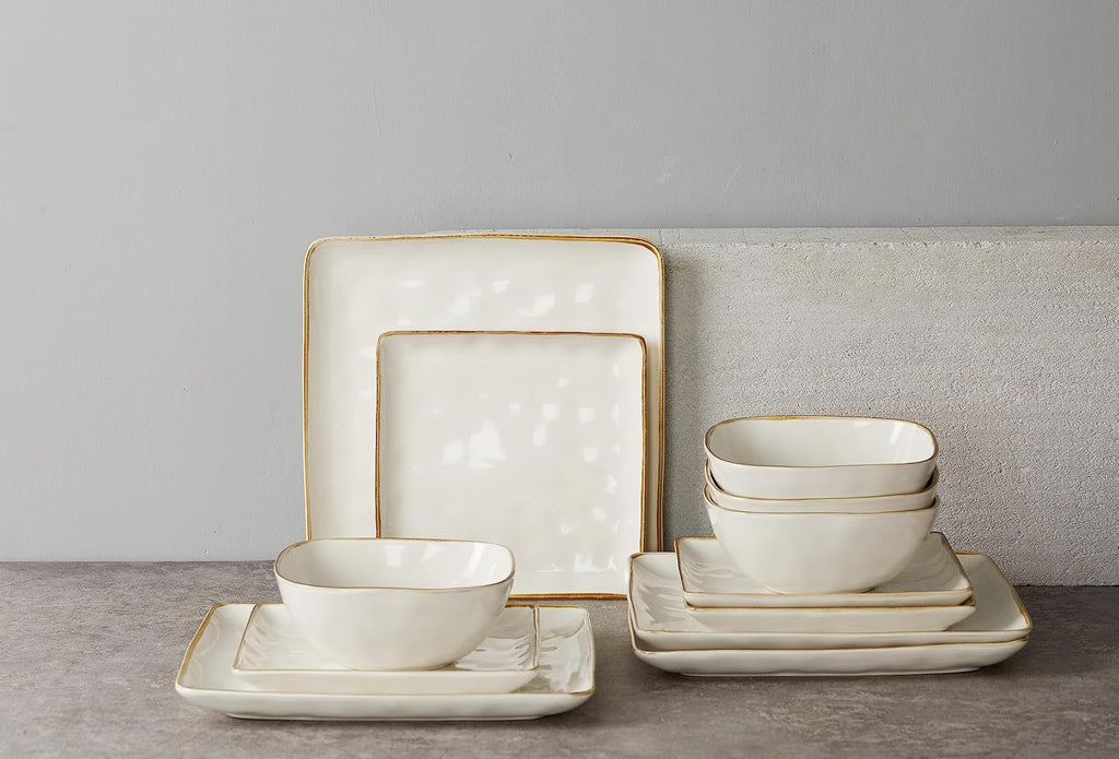 Famiware Ocean Square Plates and Bowls Sets for Kitchen, 16-Piece Dinnerware Sets for 4, Microwave and Dishwasher Safe, Vanilla White