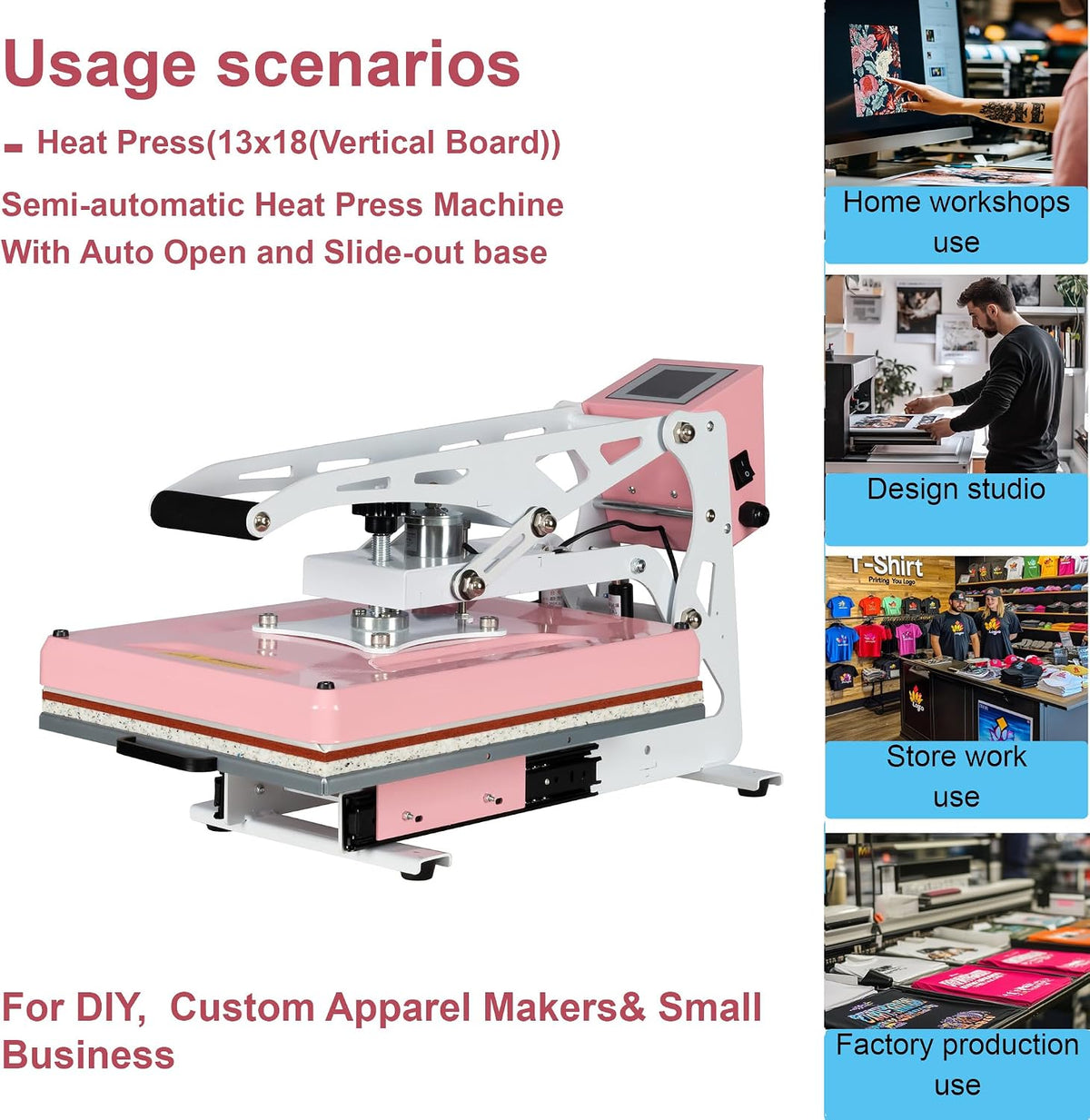 13' x 18' Semi-Auto Heat Press Machine for T-Shirts, Auto Open&Slide-Out Base, Clamshell Pull Out Lower Platen, 1200W Digital Sublimation Printer, Vinyl, DIY & Small Business (Pink, W13*L18)