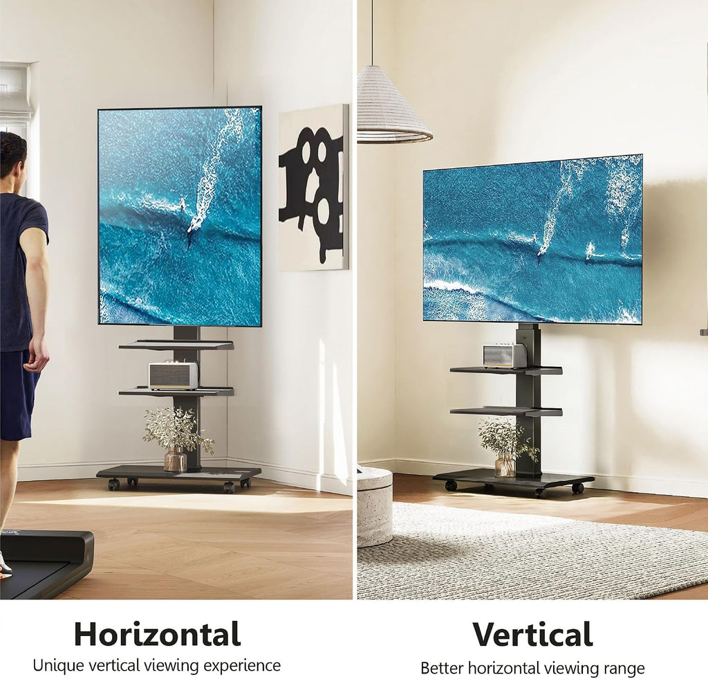 FITUEYES Rolling TV Stand for 32-75 Inch TVs - Height Adjustable Portable TV Stand on Wheels, 20 Degree Left/Right Swivel and 90 Degree Vertical and Horizontal Rotation up to 88lbs