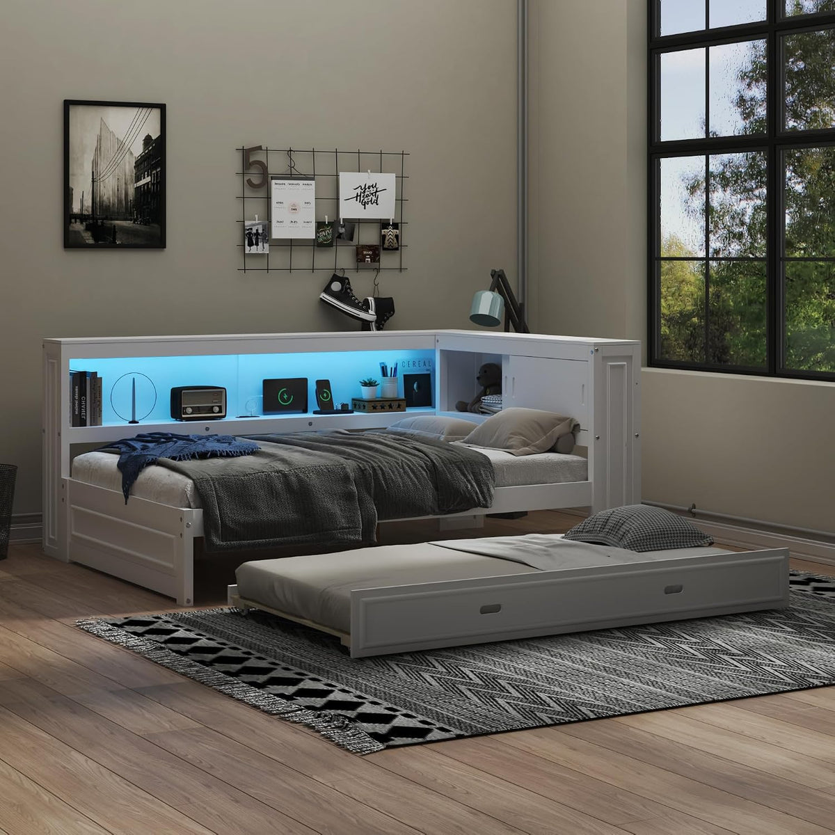 SOFTSEA Full Size Daybed with Trundle and Storage, L-Shaped Corner Bed with Bookcase, LED Lights & USB Ports, Wood Day Bed Frame with Reversible Headboard for Kids Teens Adults, White