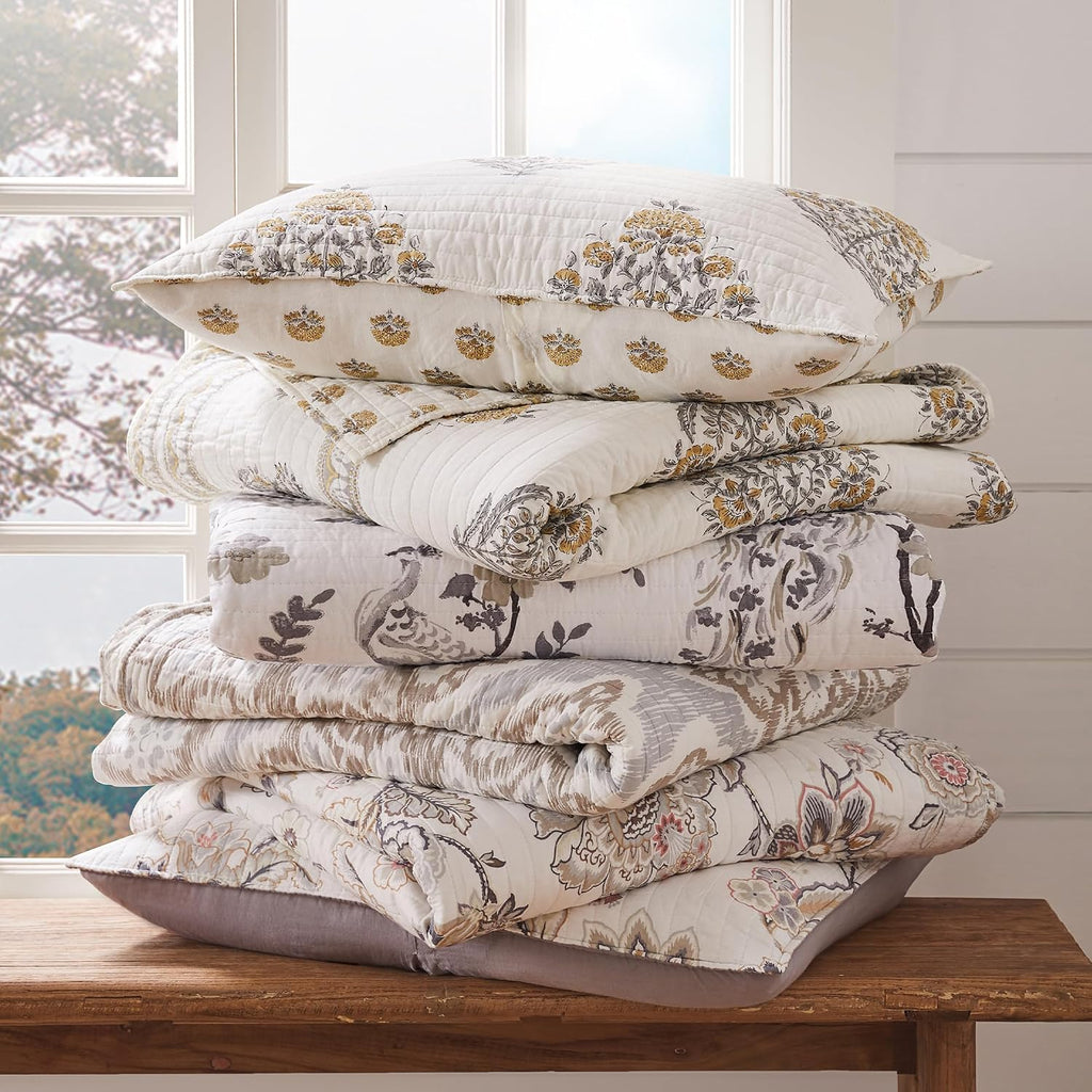 Levtex Home - Kamira Ochre Quilt Set - Full/Queen Quilt and Two Standard Shams - Bordered Floral - Ochre, Grey and Cream - Quilt (88x92in.) and Shams (20x26in.) - Reversible - Cotton