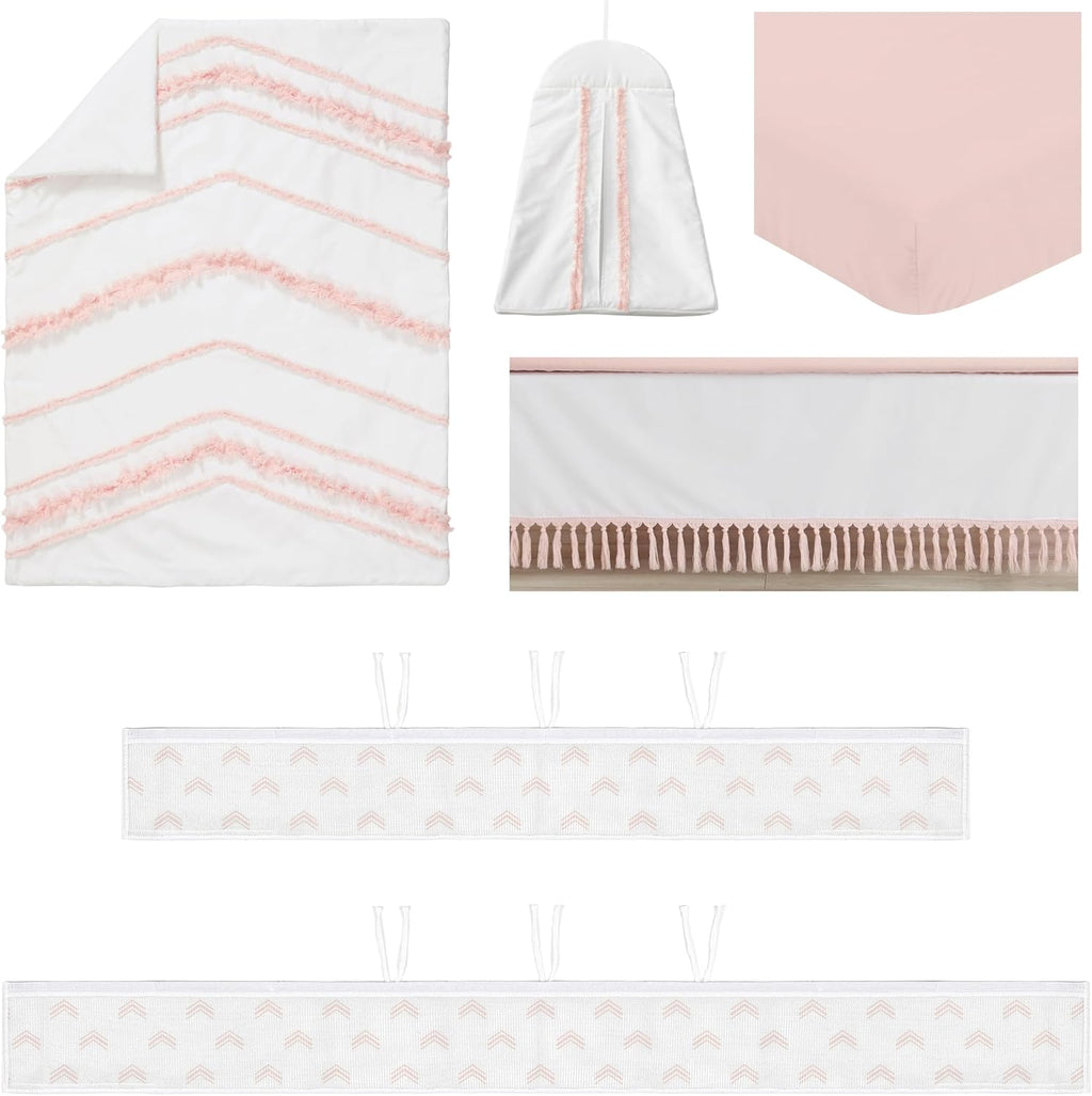 Sweet Jojo Designs Boho Bohemian Girl Baby Crib Bedding Set Infant Nursery Room BreathableBaby Breathable Mesh Crib Liner 6p Blush Pink White Farmhouse Shabby Chic Designer Modern Geometric Arrow Tuft