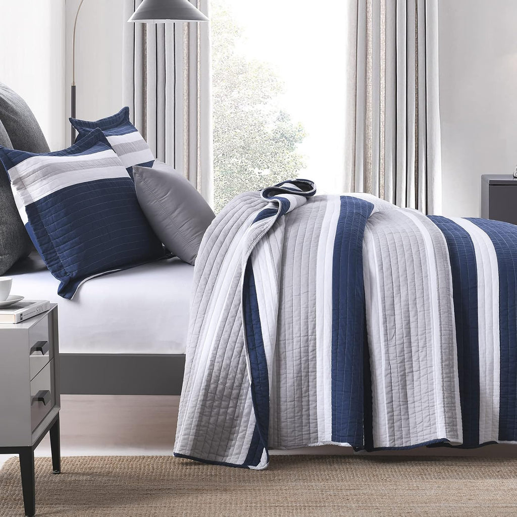 SahSahCasa Quilt King Size, 100% Cotton King Quilt Set, Navy Blue Striped Quilt, King Quilt Bedding Set Bedspreads, Lightweight Comforter for King Bed, All Season, Navy Blue, 3 Pieces