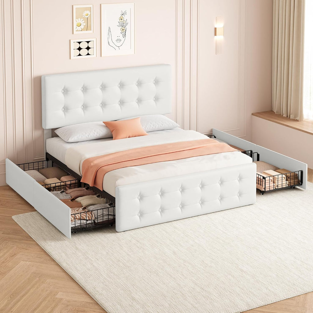 GarveeHome Full Size Bed Frame with 4 Storage Drawers and Headboard, Faux Leather Upholstered Platform Bed Frame with Wooden Slats Support, Button Tufted Design, No Box Spring Needed, Beige
