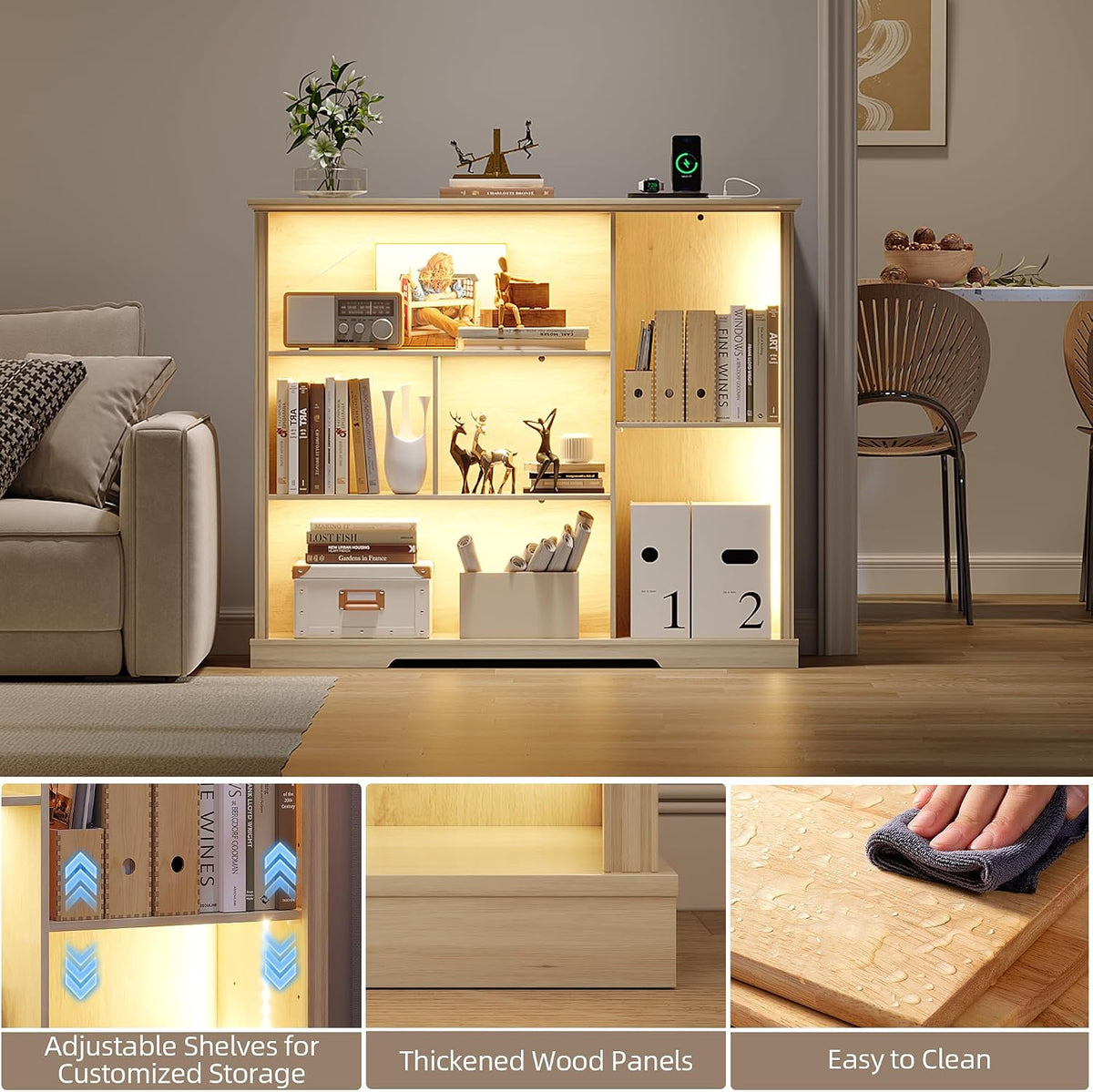 3-Tier LED Bookshelf with Lights - Motion Sensor Bookcase - USB Charging Module - Adjustable Display Shelf for Bedroom Living Room Apartment Home Office - 47.24 W x 40 H - Natural Wood