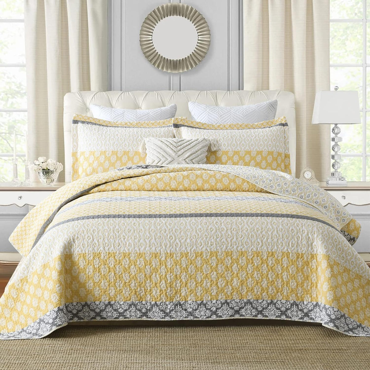 SahSahCasa Quilt King Size, King Quilt Set, 100% Cotton Floral Quilt, King Quilt Bedding Set Bedspreads, Patchwork Reversible Lightweight Comforter Bed Spread for All Season, Yellow/Gray, 3 Pieces