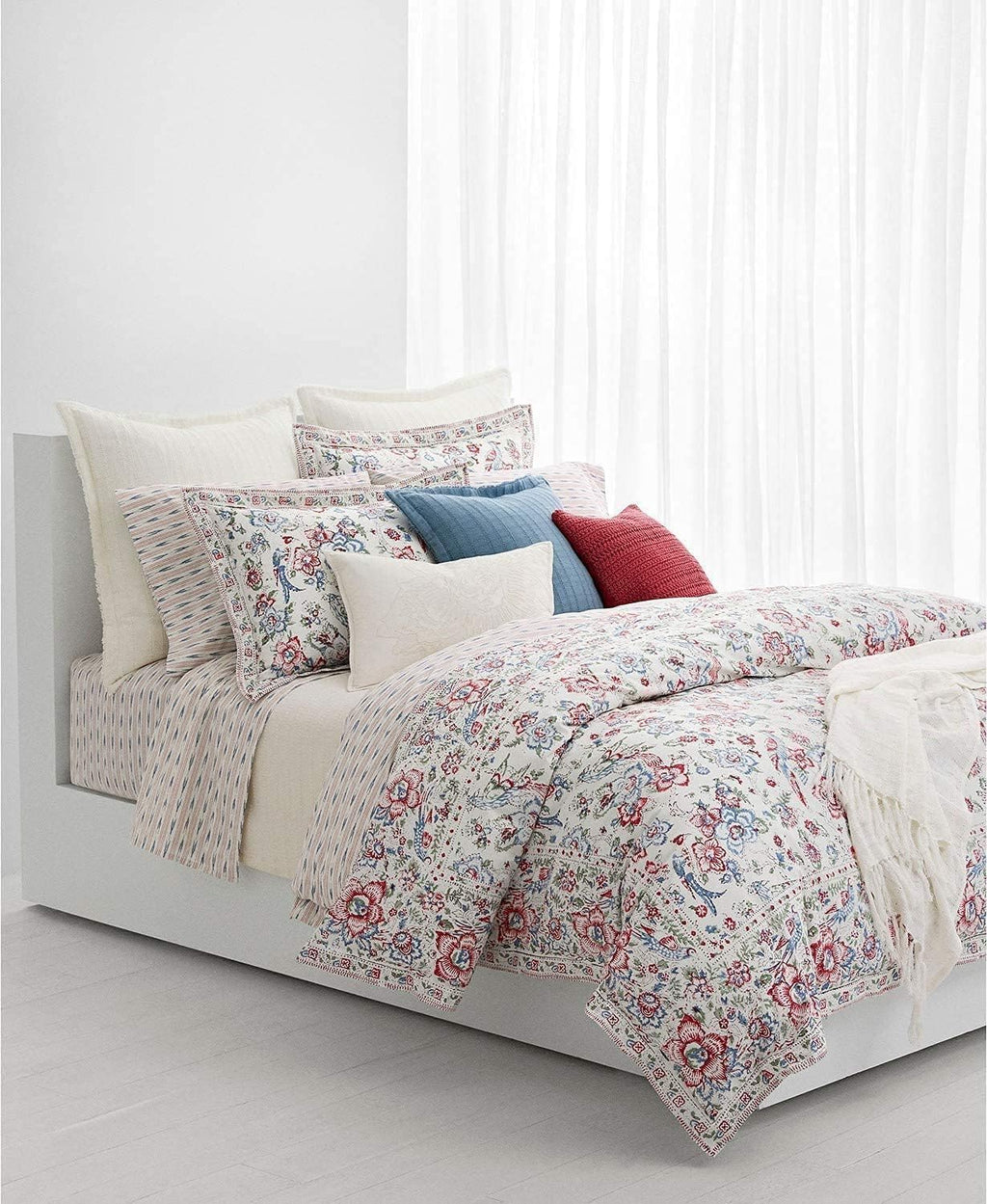Lauren Ralph Lauren Lucie Birds Jacobean King Comforter Shams 3 PC Set Cream Blue Pink