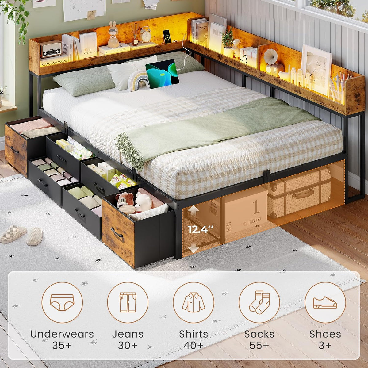 VIAGDO Corner Bed Frame Full with Storage Bookcase and 6 Drawers, Metal Platform Corner Bed Frame with LED Lights and Charging Station, Full Daybed for Kids Teenagers, Rustic Brown & Black