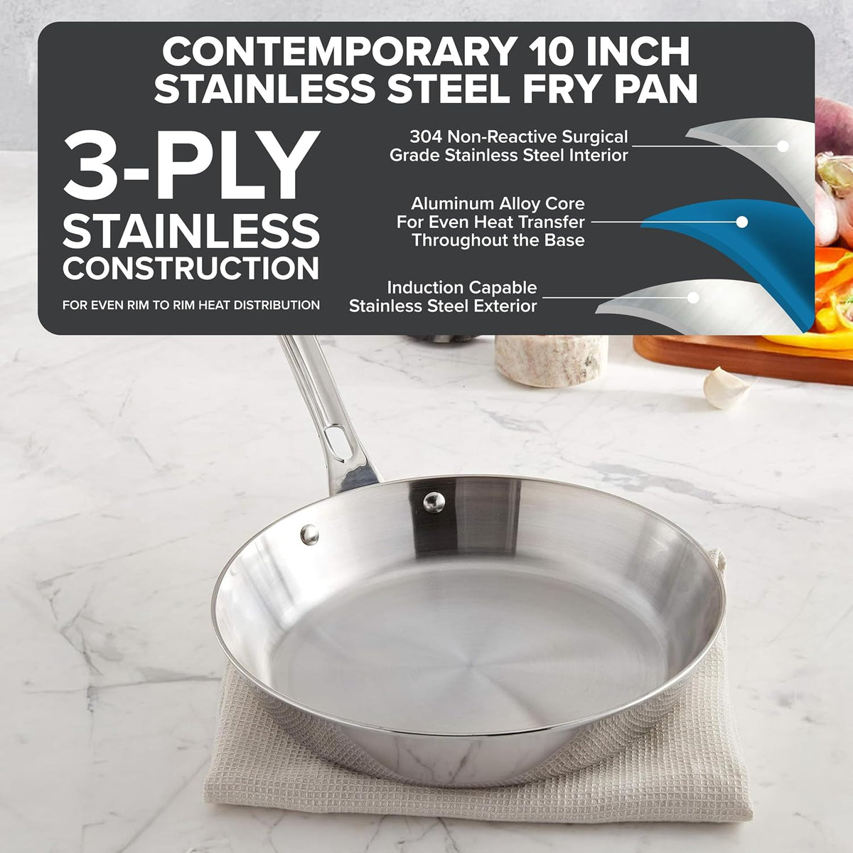 Viking Contemporary 3-Ply Frying Pan, 10 Inch Stainless Steel Fry Pan, 5 Quarts, Silver