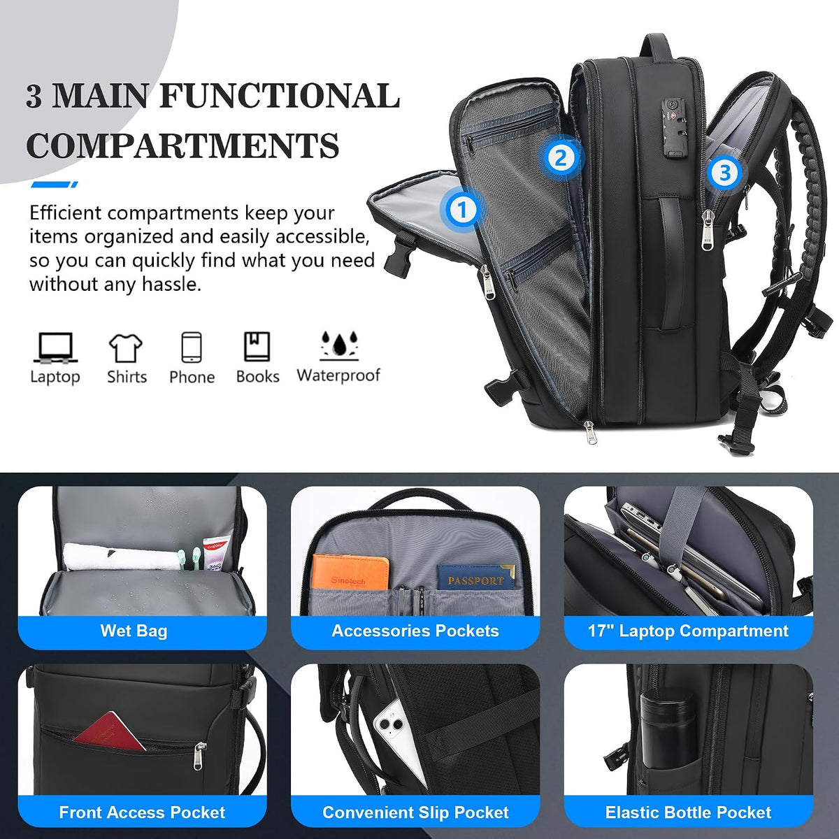 POSO Vacuum Backpack Travel – Expandable Compression Carry On Backpack with Vacuum Pump, Water-Resistant TSA Lock Travel Bag, 17' Laptop Backpack for Men Women, Business Airplane Flight Luggage