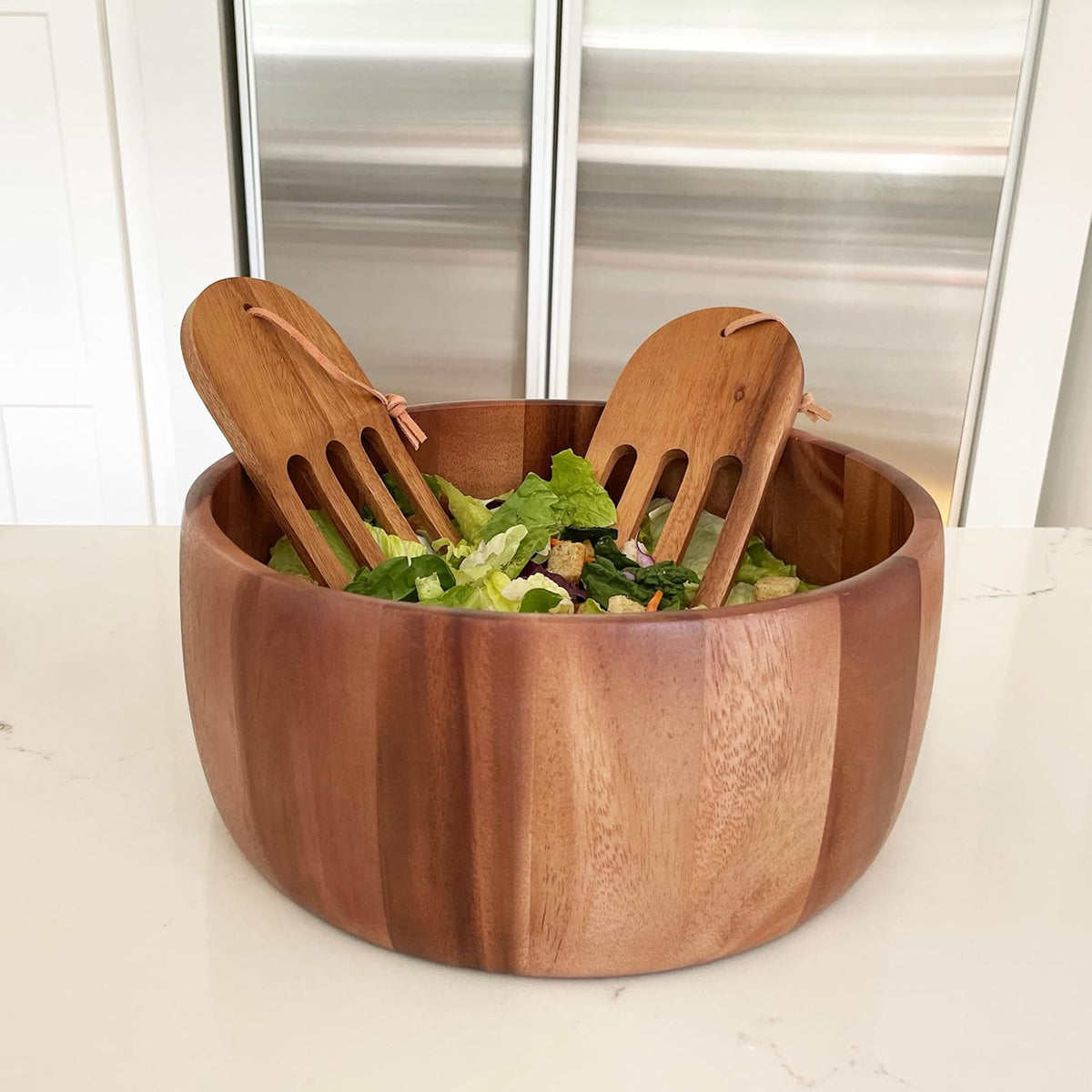 Acacia Wood 10' Salad Serving Bowl with Salad Hands 3 Piece Set by Woodard & Charles ★★PACK OF 4★★