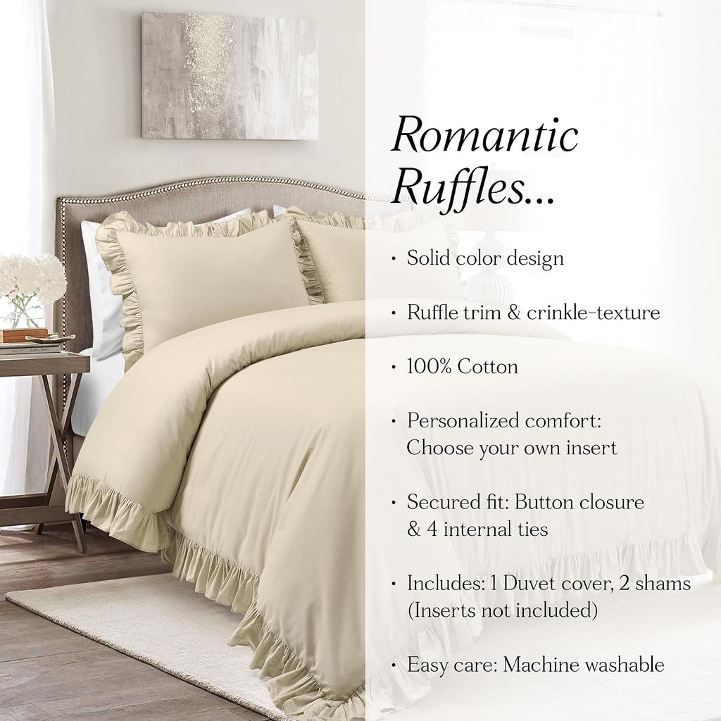 Lush Decor Reyna Ruffle Cotton Duvet Cover Set 3 Piece Set Full/ Queen, Wheat - Queen Size Bedding Set - Beige Duvet Queen- Ruffled Bedding - Coquette Decor