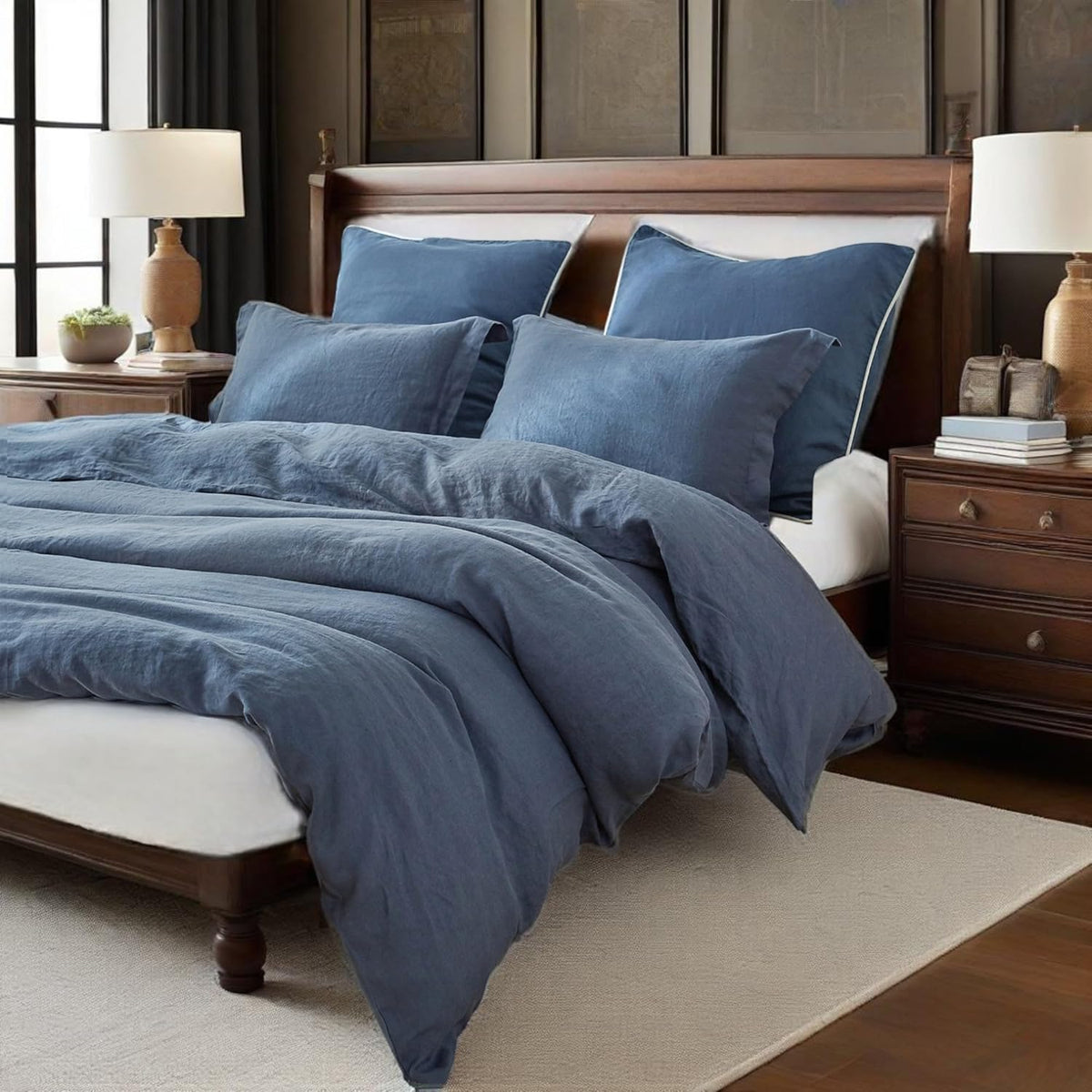 Simple&Opulence 100% Linen Duvet Cover Set, 3 PCS Classic Blue Duvet Cover Queen Size, Breathable Soft Comfy Linen Bedding Comforter Cover with 2 Pillowcases(Classic Blue, 88'x92')