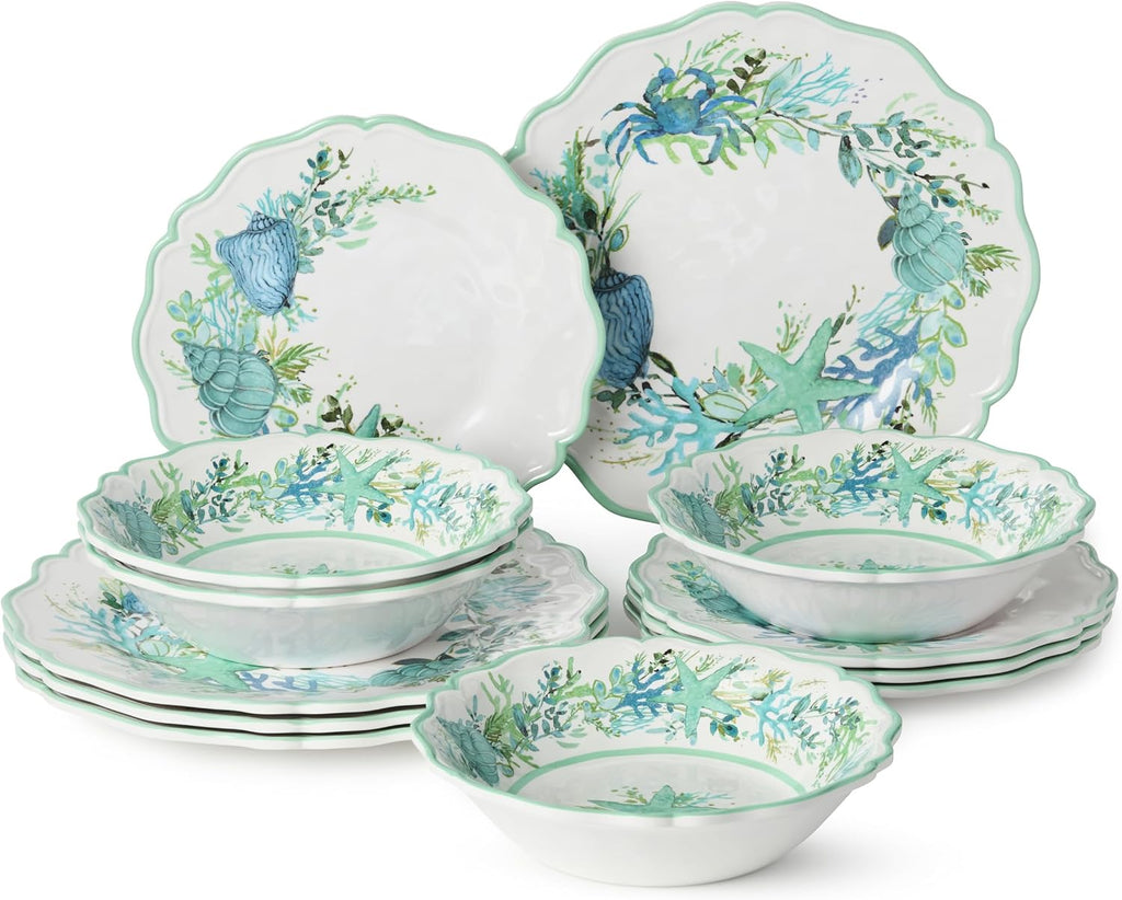 Sea Glass 12 Pc. MELAMINE DINNERWARE SET, SERVICEfor 4, coastal mix‑and‑match plates and bowls with ocean motifs, ideal for indoor outdoor dining, beach homes, patios, poolside meals