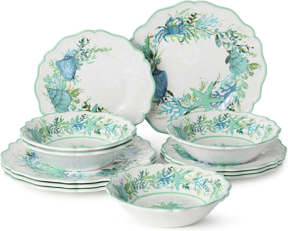 Sea Glass 12 Pc. MELAMINE DINNERWARE SET, SERVICEfor 4, coastal mix‑and‑match plates and bowls with ocean motifs, ideal for indoor outdoor dining, beach homes, patios, poolside meals