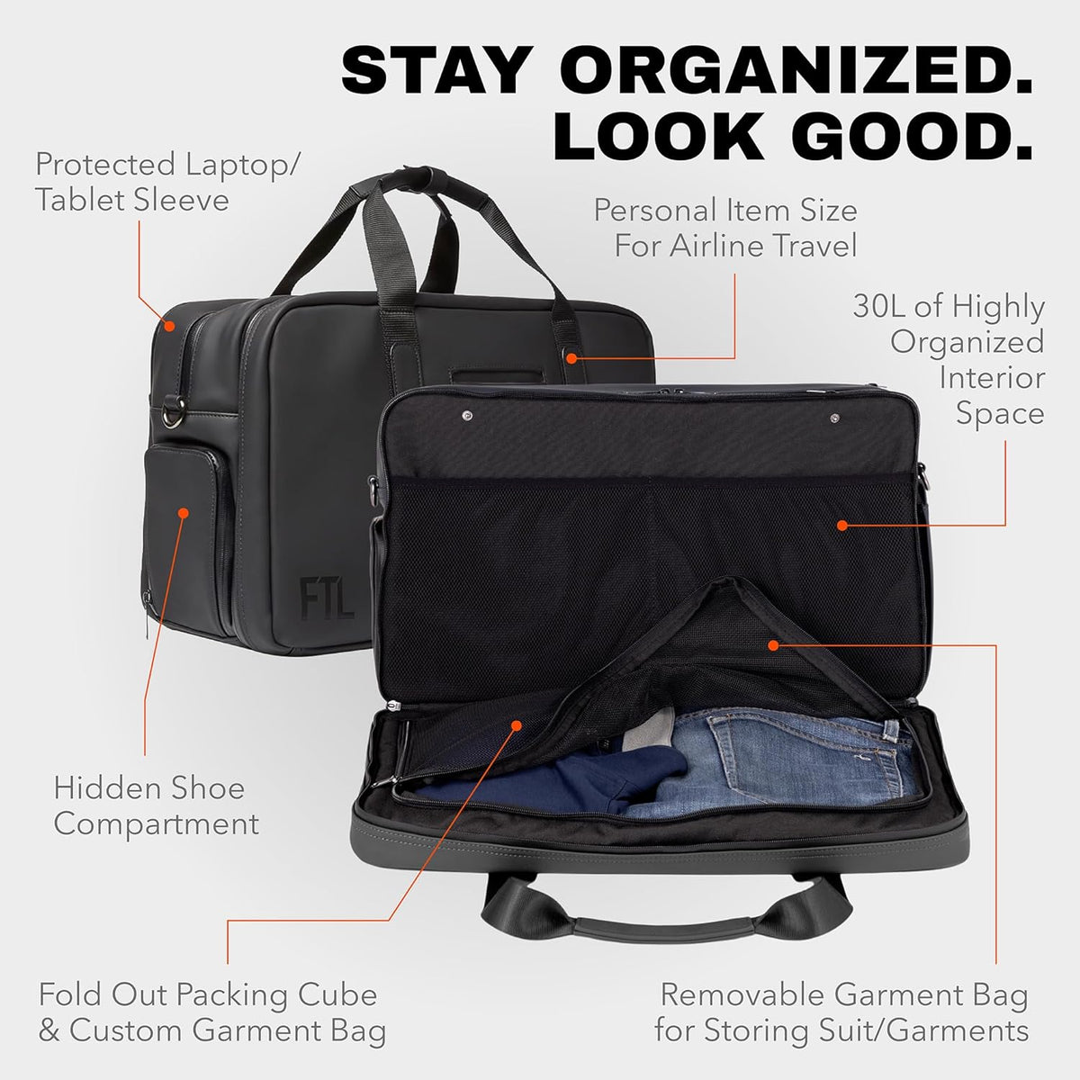 The FTL Pro Mens Travel Bag - 30L Premium Work to Gym Weekender Duffel with Garment Bag, Shoe Space & 18' Laptop Sleeve - Organized Athletic Business Carry On Hybrid, Fits Under Airplane Seat - Black