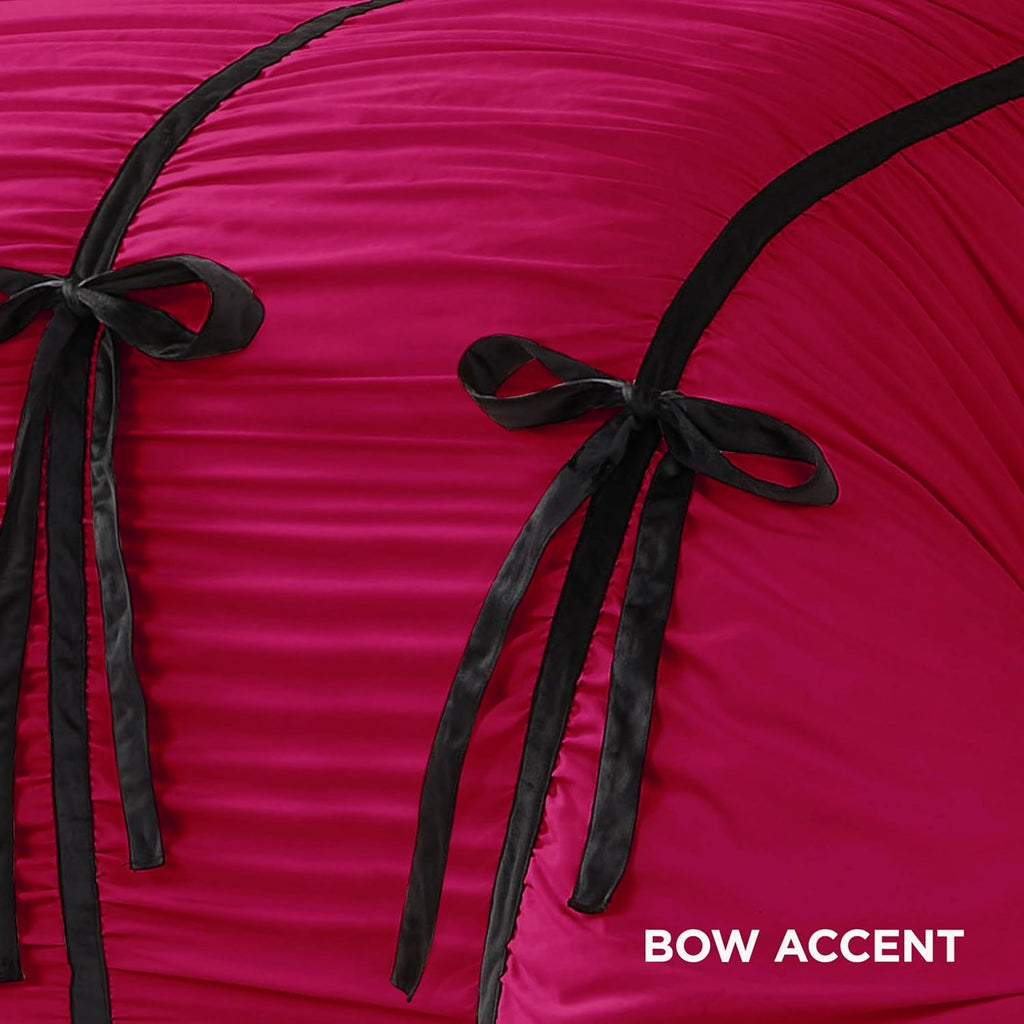 Juicy Couture Hot Pink Amelie Velvet Bows Ruched Queen/Full Comforter Set - 3 Piece Stylish Bedding Ensemble
