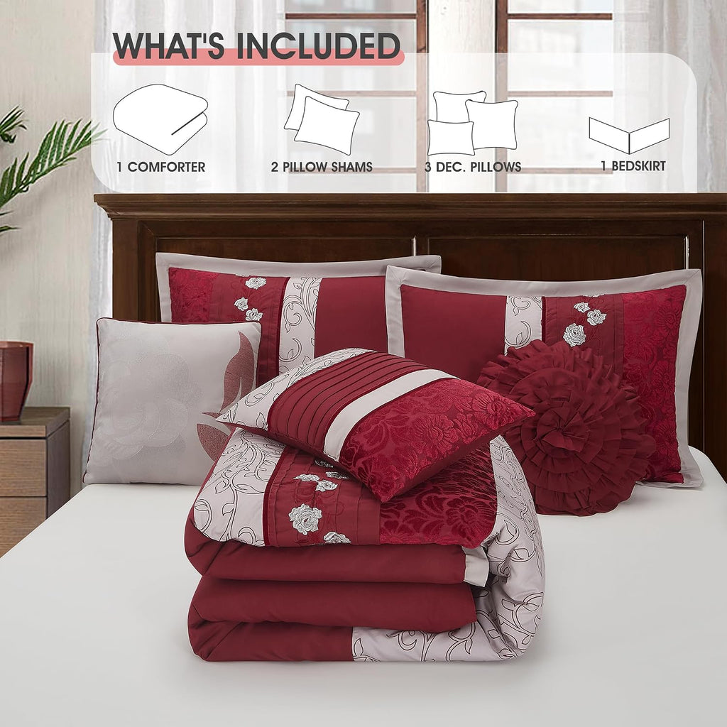 LANCO MODERN LIFESTYLE Wine Comforter Set Queen Size, 7 Piece Bedding Set for All Seasons, Elegant Microfiber Embroidery Floral, Bedskirt, Shams and Decor Pillows