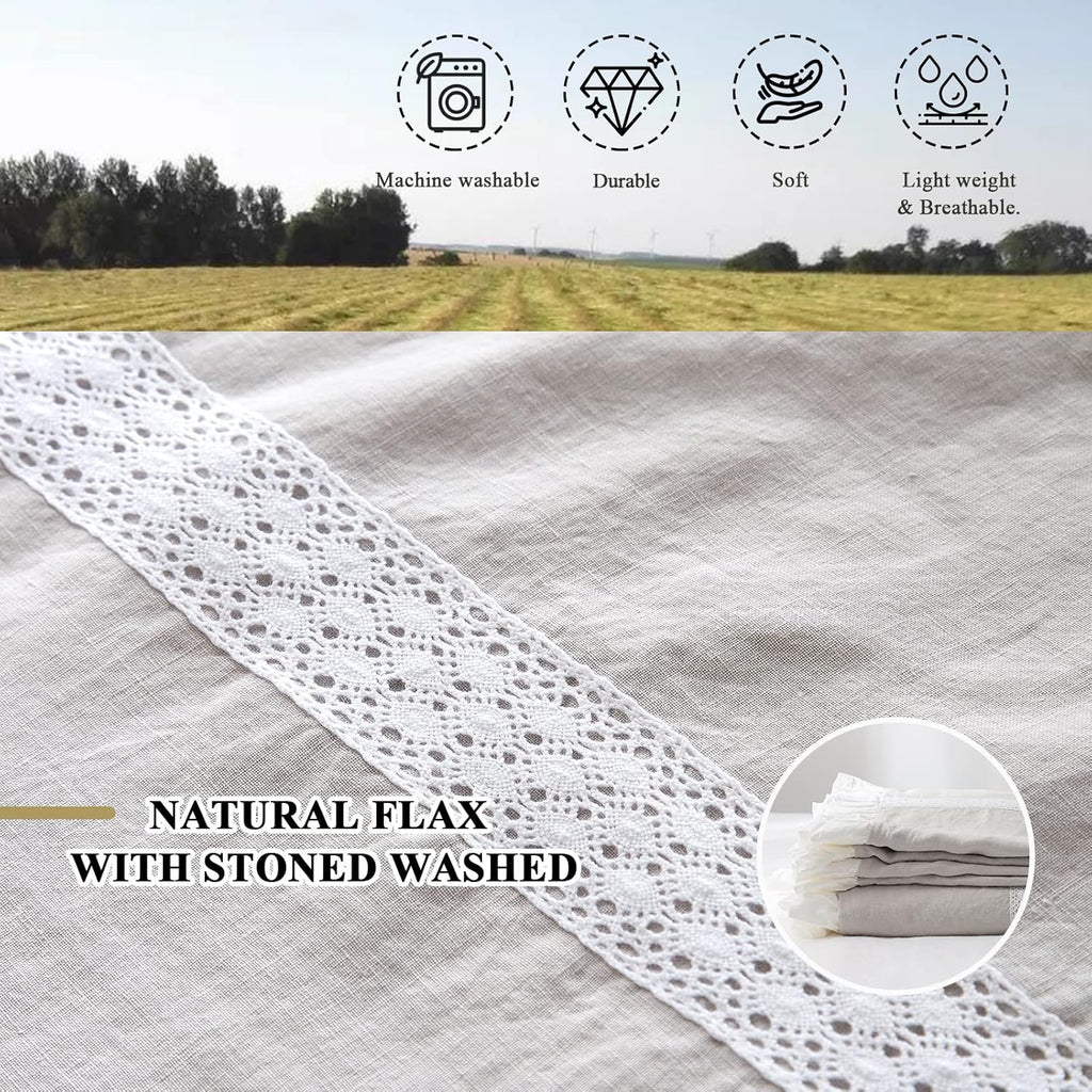 Simple&Opulence 100% Linen Duvet Cover Set (88'x92') Floral Flax Queen Size, Shabby Chic Ruffle Edge Lace Insert Decoration, 3 Pcs Farmhouse Bedding-1 Comforter Cover 1 Pillow Shams, Floral Grey