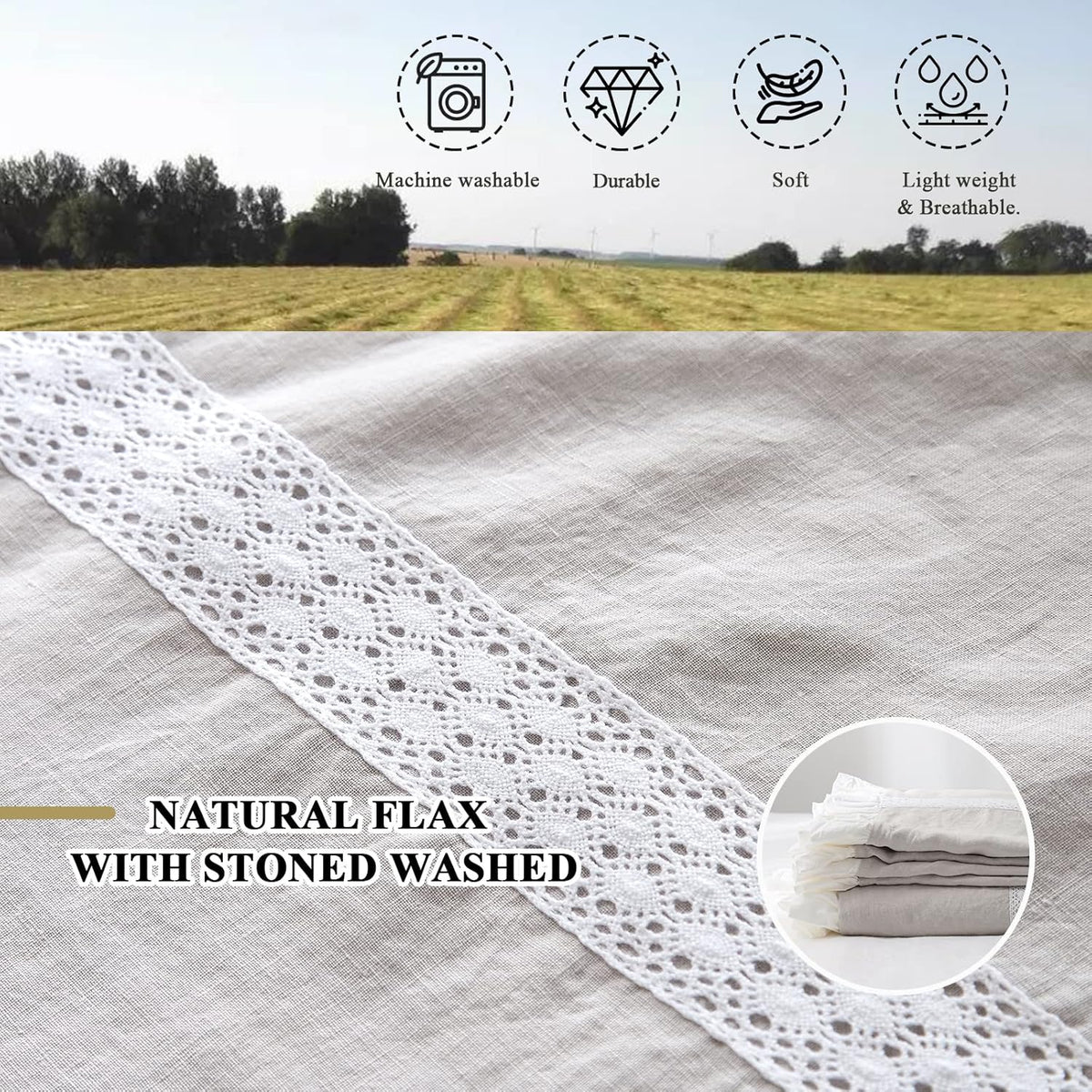 Simple&Opulence 100% Linen Duvet Cover Set (88'x92') Floral Flax Queen Size, Shabby Chic Ruffle Edge Lace Insert Decoration, 3 Pcs Farmhouse Bedding-1 Comforter Cover 1 Pillow Shams, Floral Grey