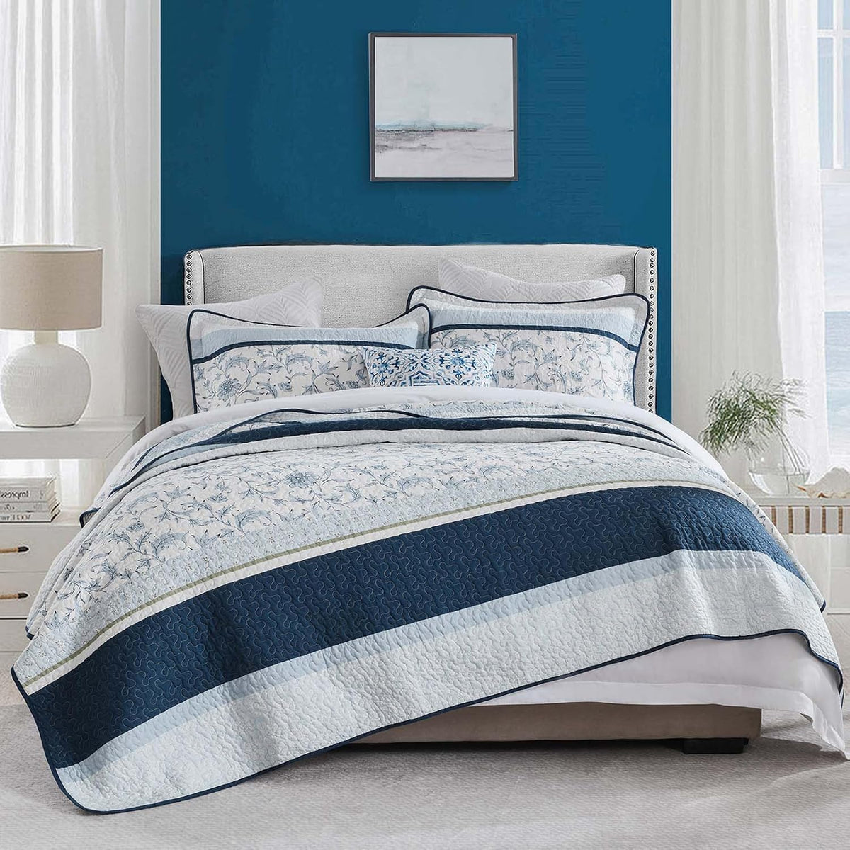 100% Cotton Quilt Set King Size, King Quilt, Patchwork Striped Botanical Quilted Bedspread Lightweight Comforter for King Bed, 3pcs, Navy/Light-Blue/White