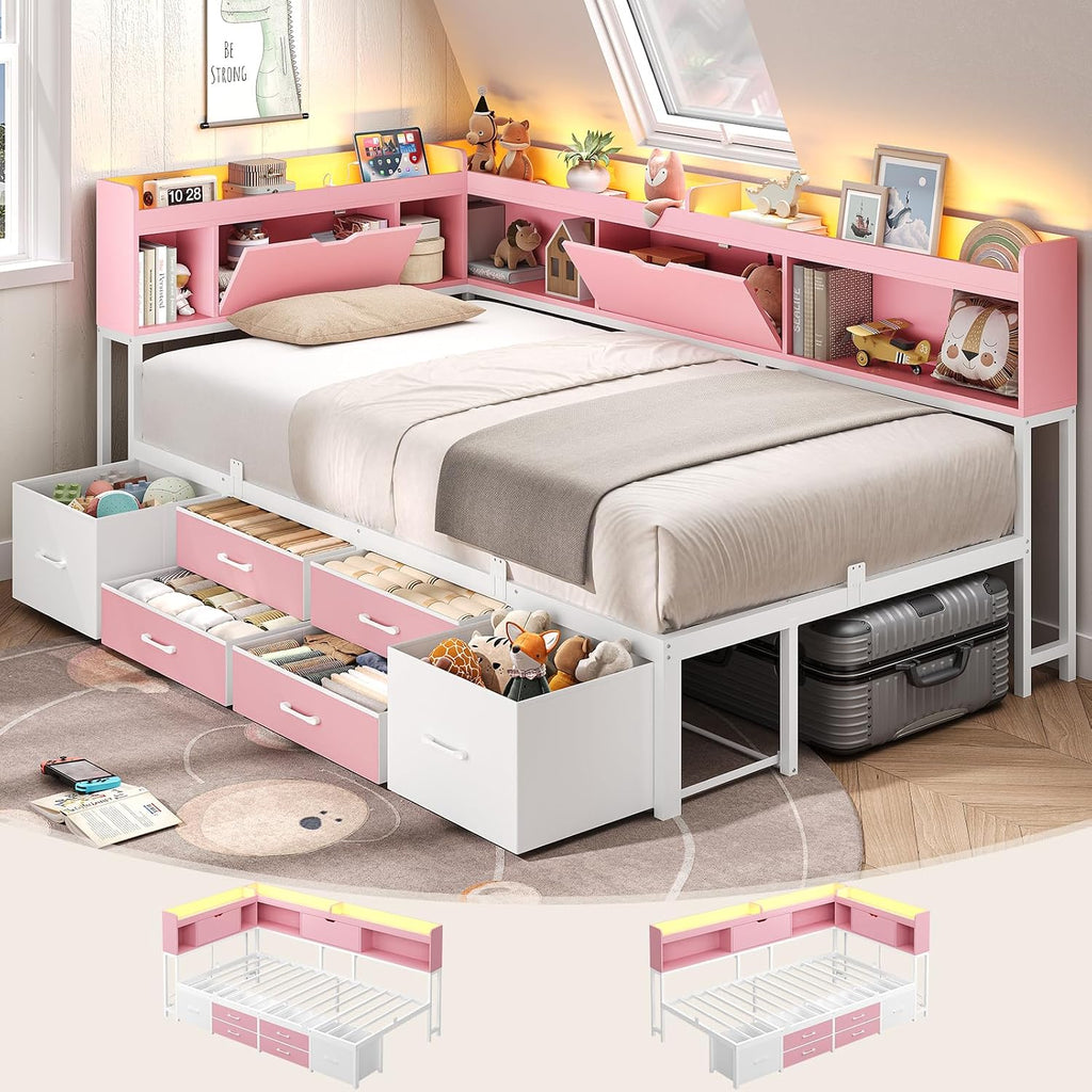 AOGLLATI Twin Corner Bed Frame with Bookcase and Hidden Storage & Metal Platform Twin Size Daybed with 6 Drawers,Charging Station, Led Lights- for Kids, Teens, Pink