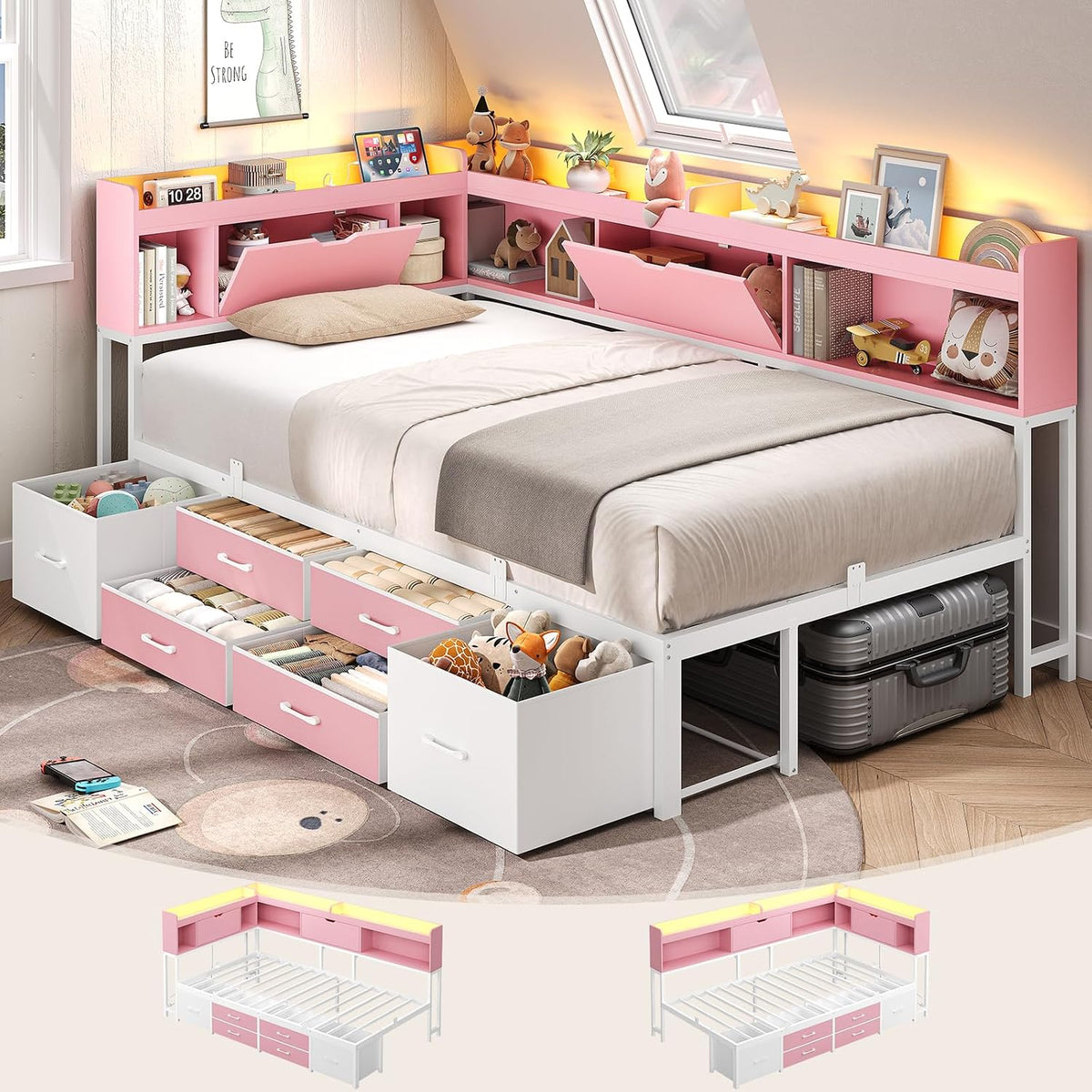AOGLLATI Twin Corner Bed Frame with Bookcase and Hidden Storage & Metal Platform Twin Size Daybed with 6 Drawers,Charging Station, Led Lights- for Kids, Teens, Pink