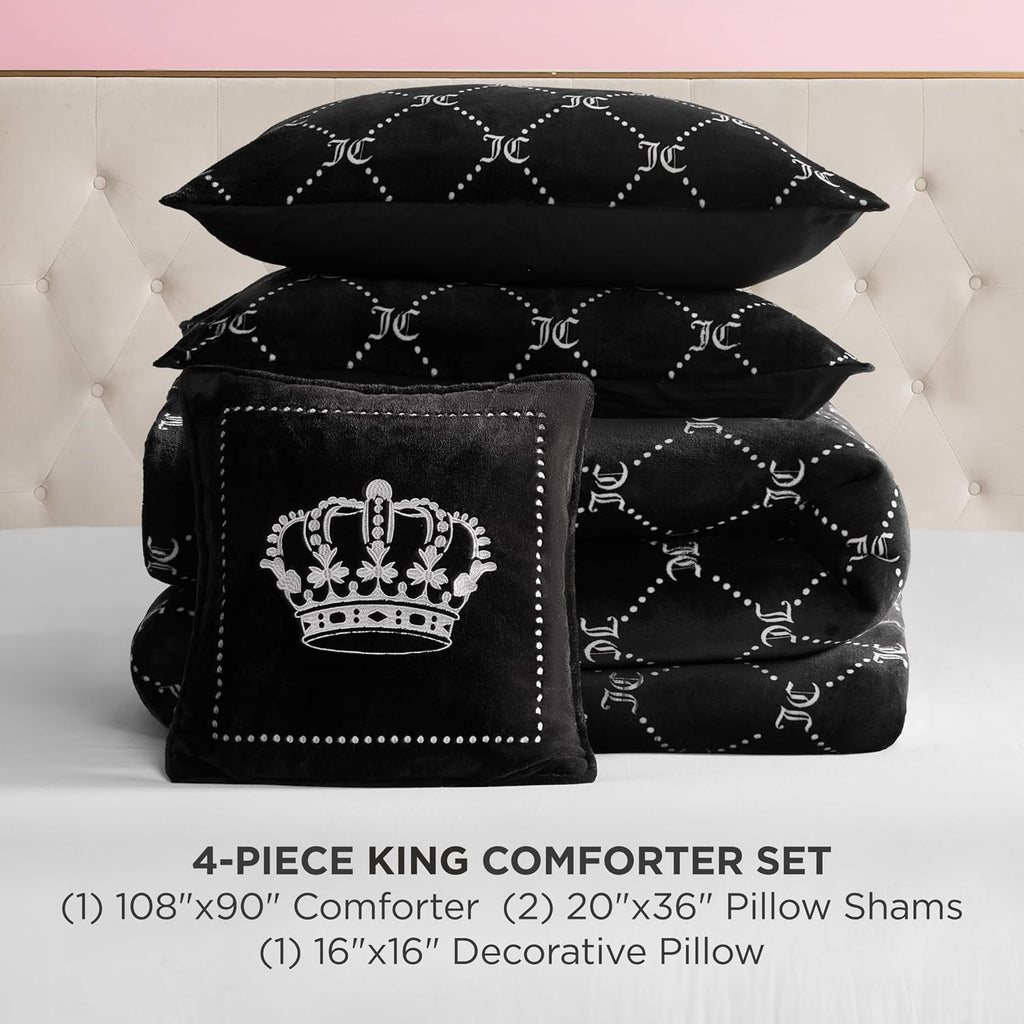 Juicy Couture Plush Reversible Trellis Link 4-Piece King Comforter Set with Decorative Pillow, Black