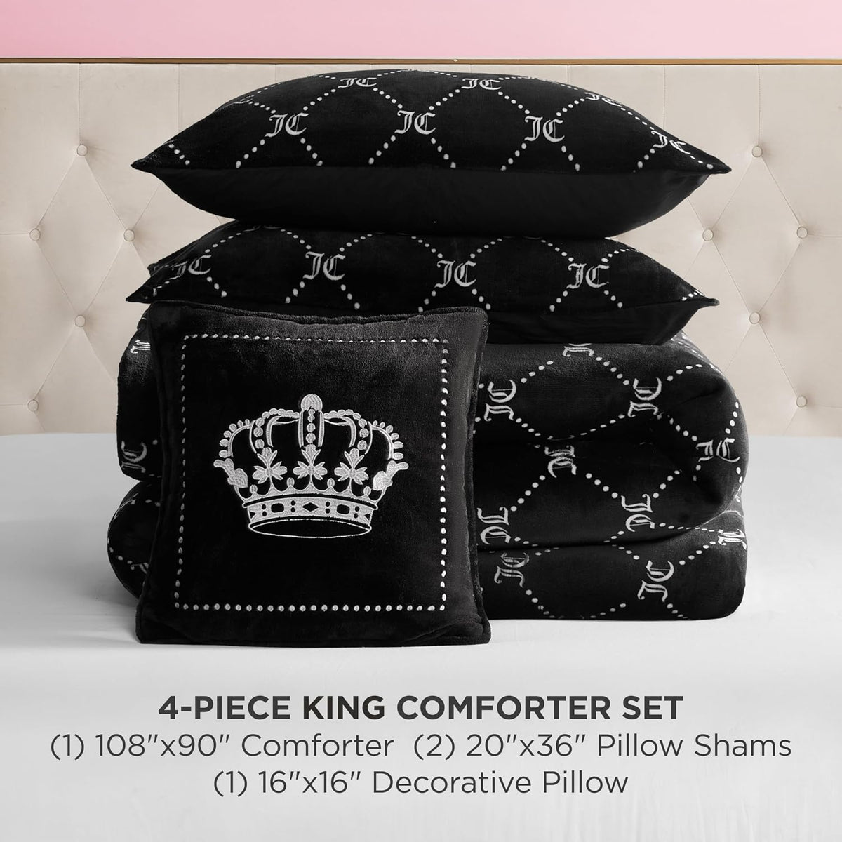 Juicy Couture Plush Reversible Trellis Link 4-Piece King Comforter Set with Decorative Pillow, Black