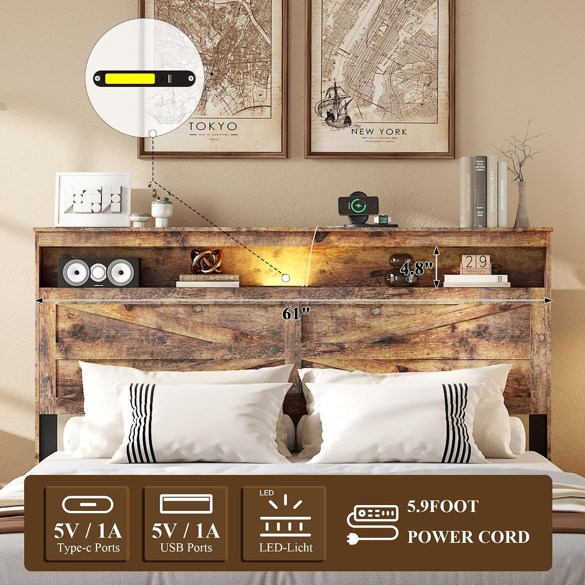 Farmhouse Queen Size Bed Frame with Storage Headboard, Wooden Platform Bed Frame with LED Lights & Charging Station, Rustic Brown Metal Bed, No Box Spring Needed, Noise-Free Sturdy Structure