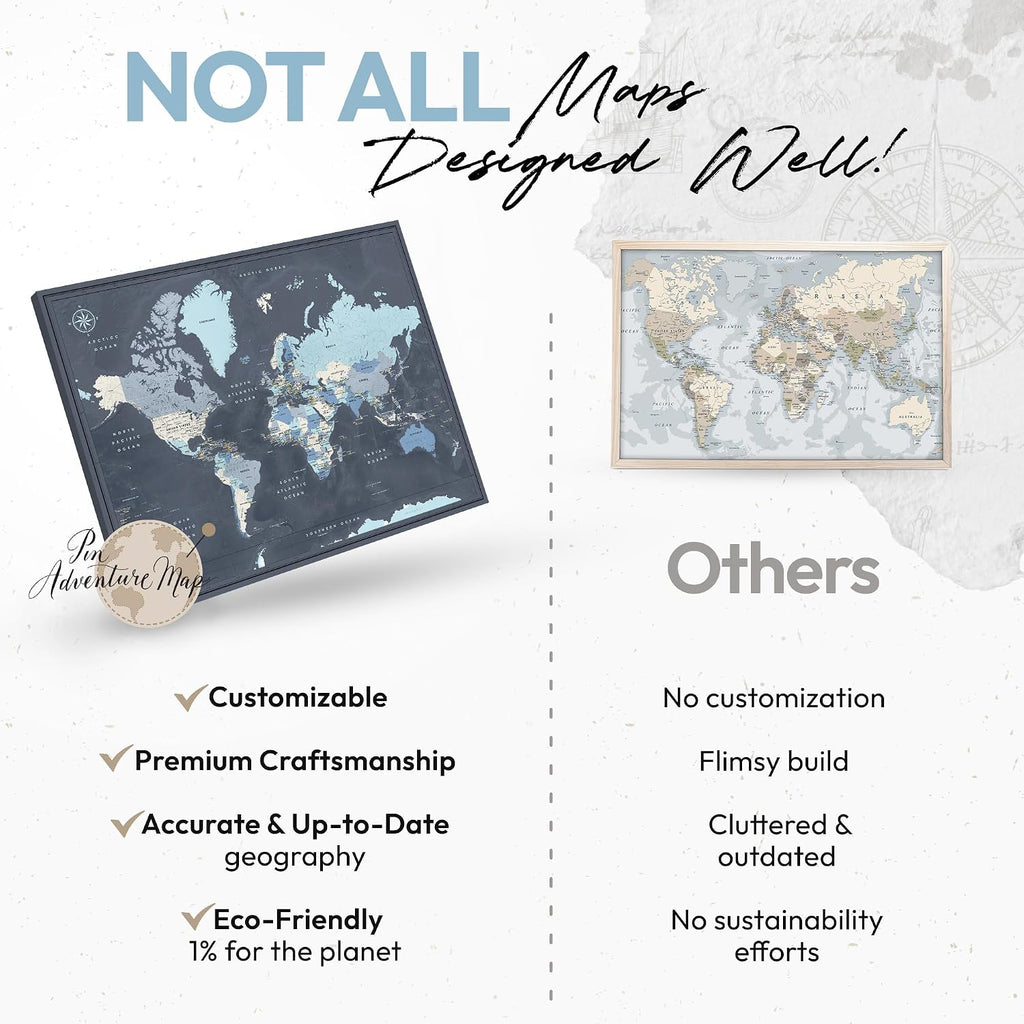 World Map Canvas with Pins: Explore Political or Tourist Destinations in 5 Colors. | Perfect Gift for Travelers' sized 22' x 16' | by Pin Adventure map (Navy, Political map)